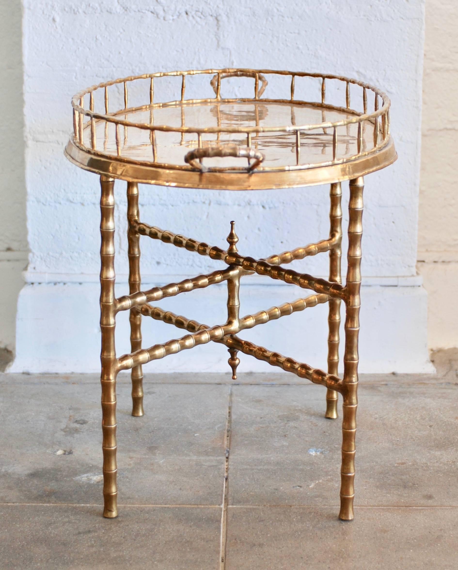 Oval Brass Tray Table with Faux Bamboo Stand 2