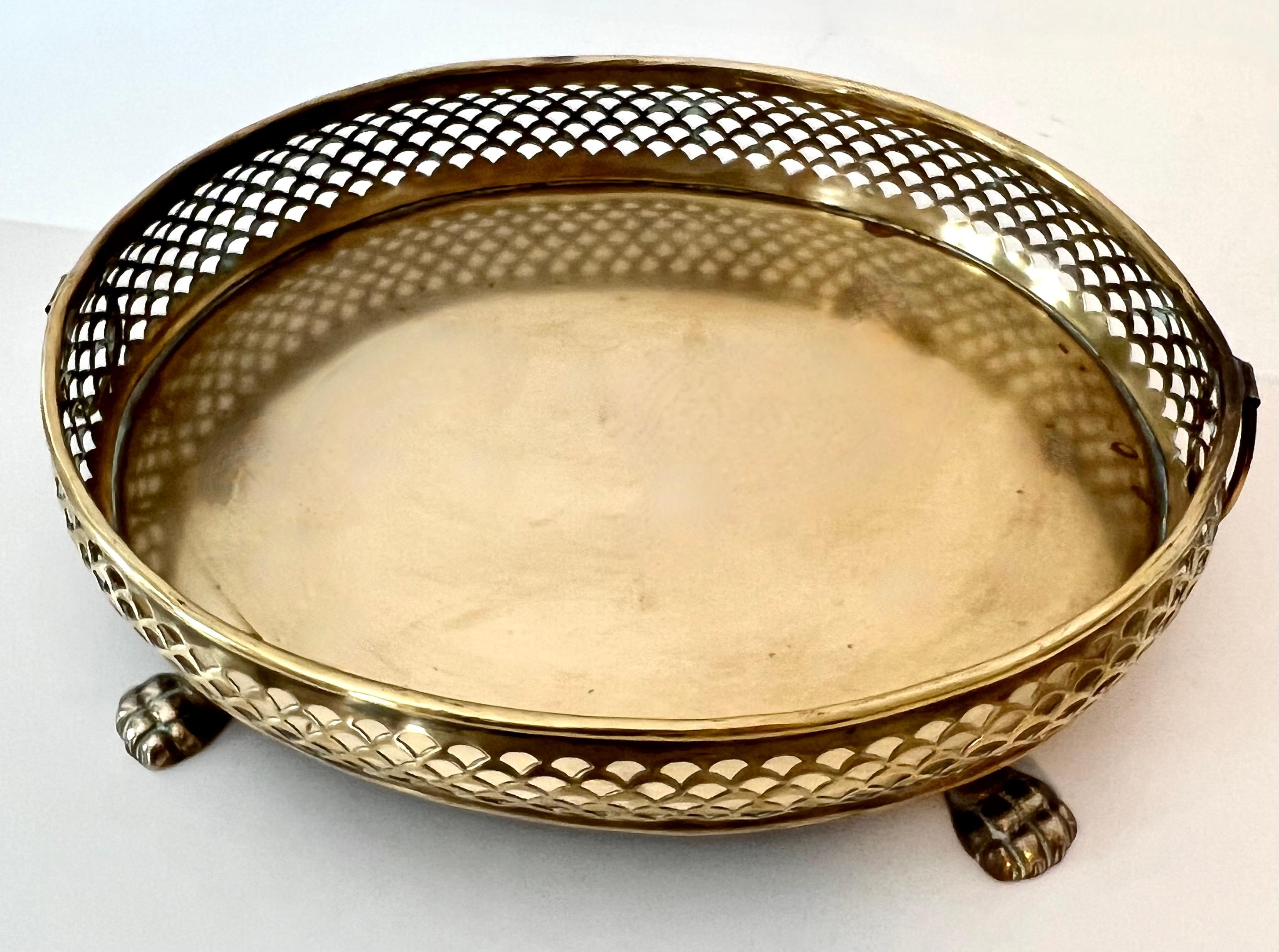Italian Oval Brass Tray with Intricate Gallery and Paw Feet