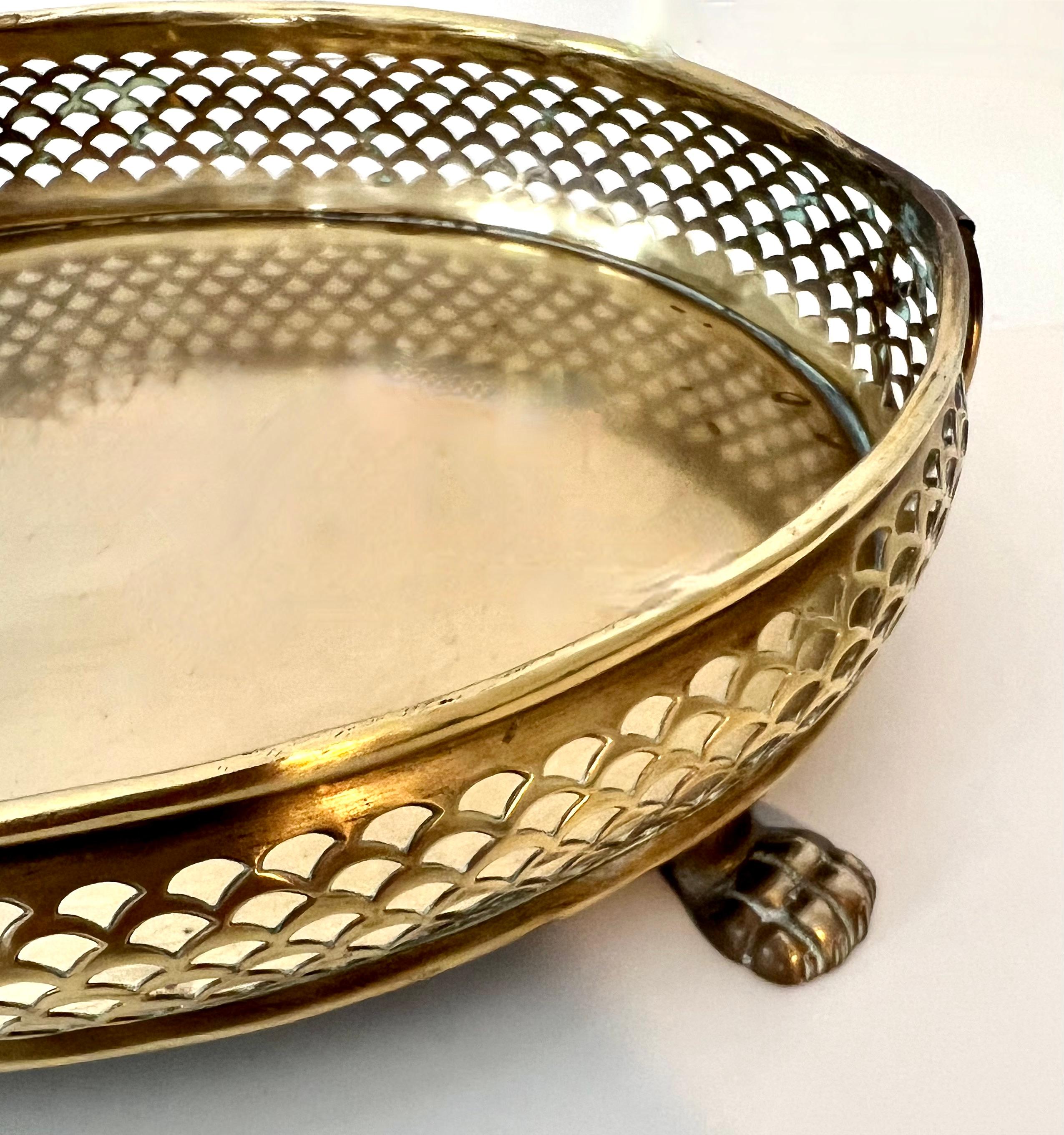 Patinated Oval Brass Tray with Intricate Gallery and Paw Feet