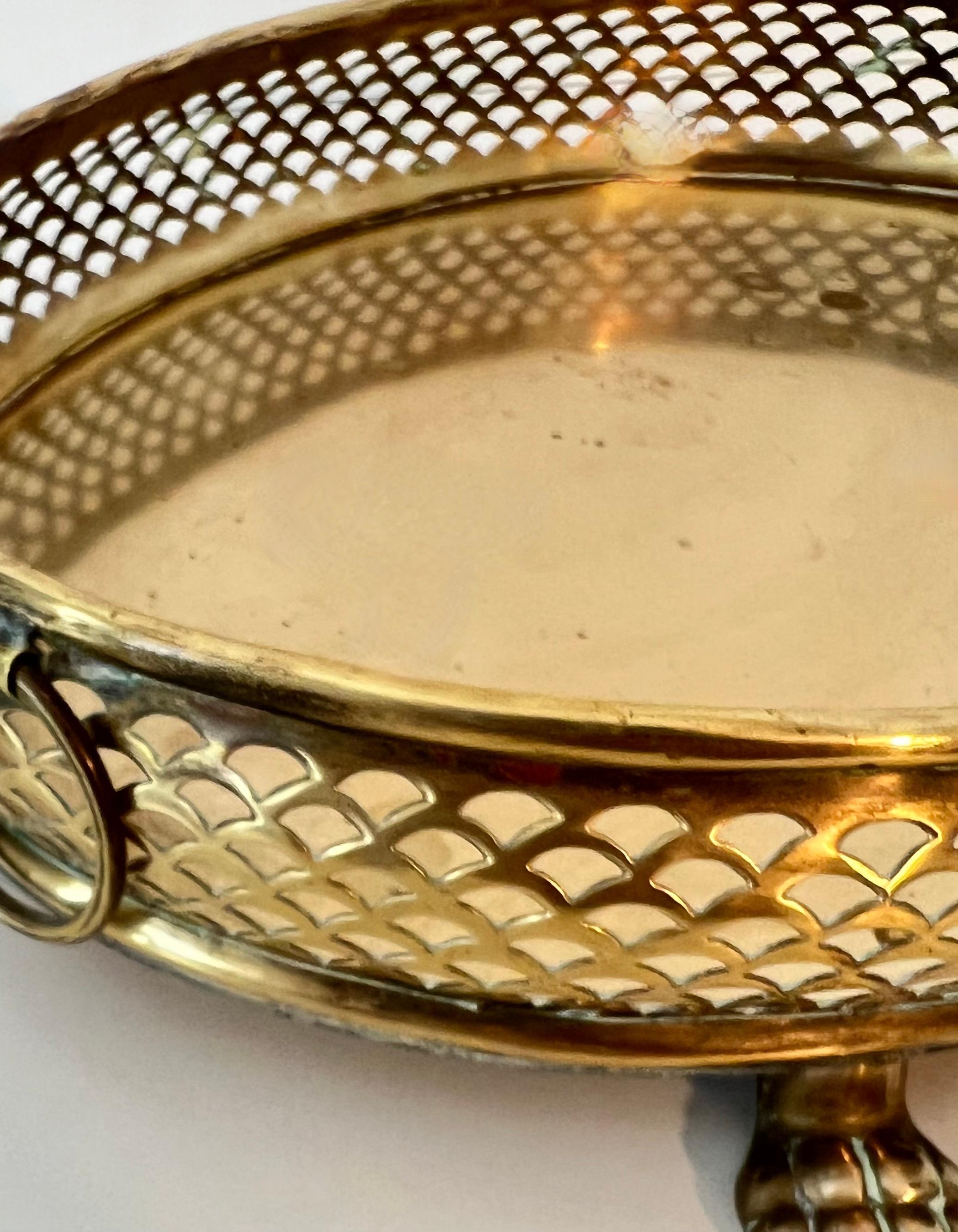 20th Century Oval Brass Tray with Intricate Gallery and Paw Feet