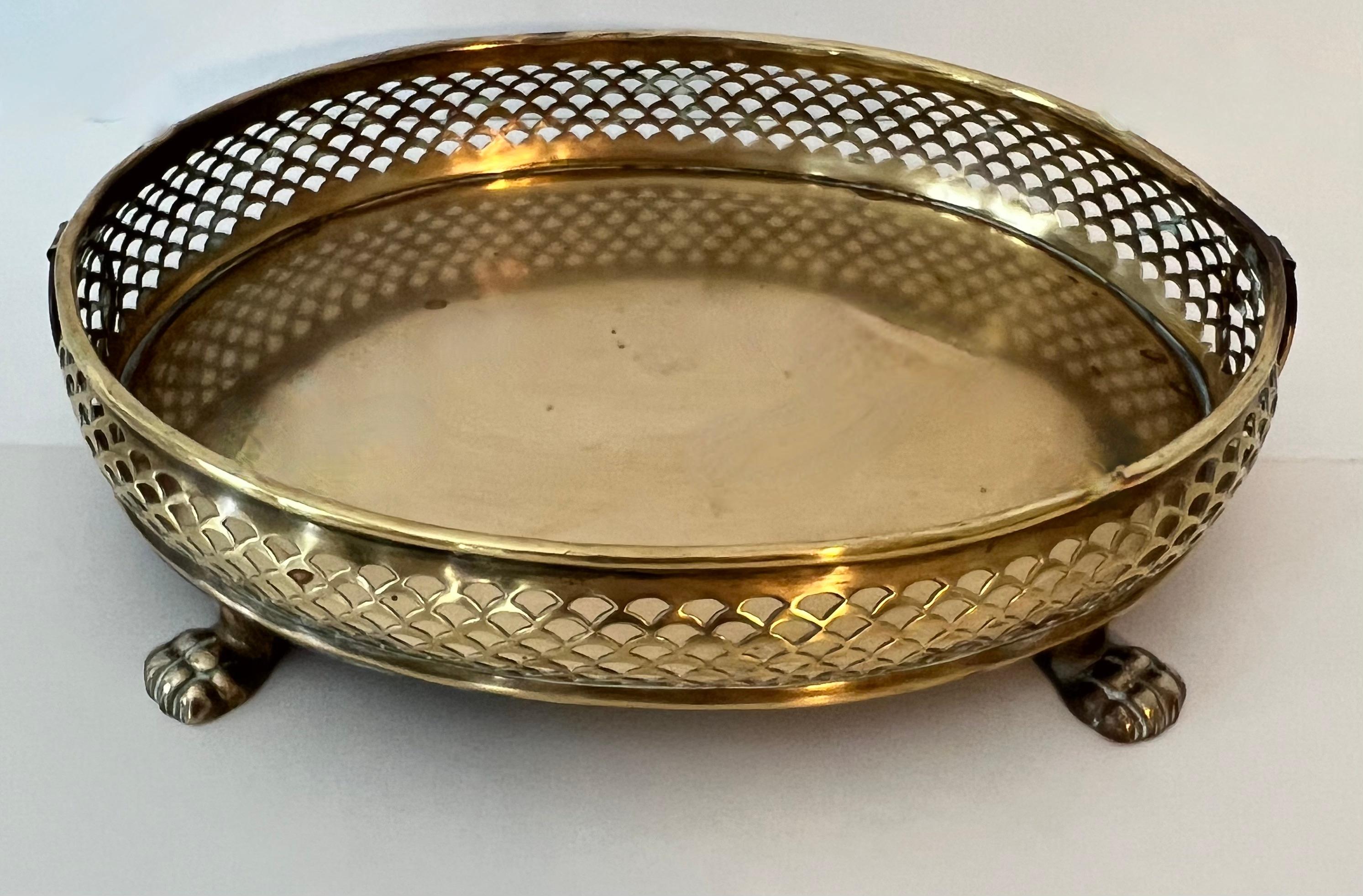 Oval Brass Tray with Intricate Gallery and Paw Feet 1