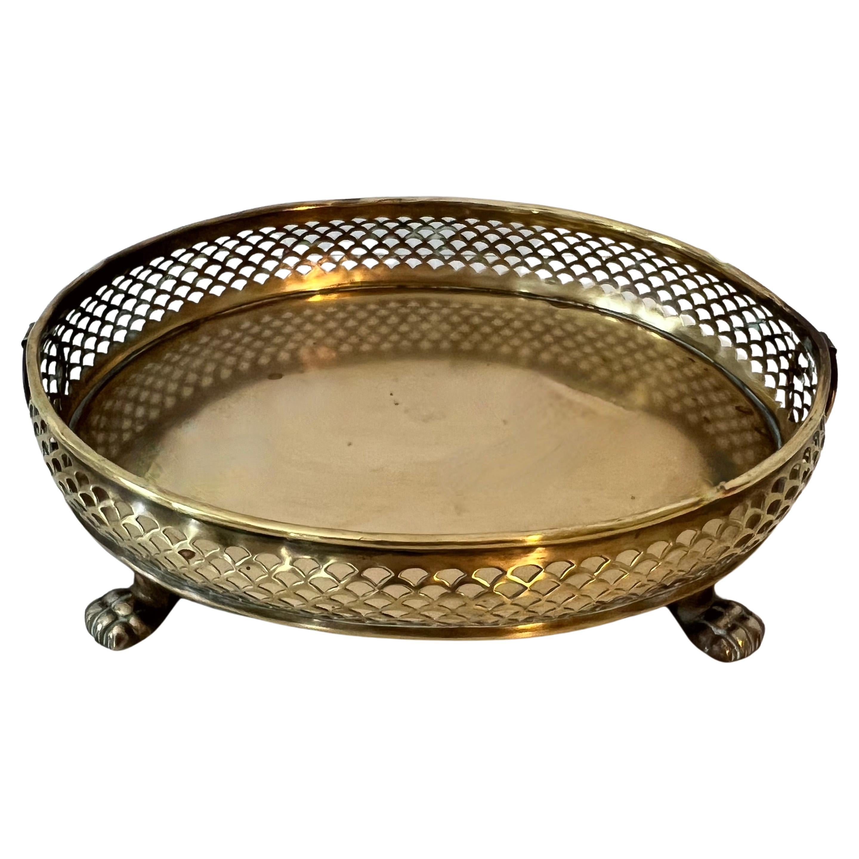 Oval Brass Tray with Intricate Gallery and Paw Feet