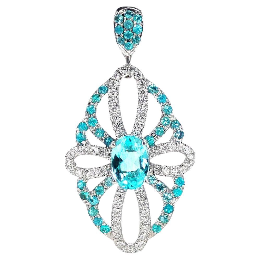 Oval Brazilian Paraiba Tourmaline Pendant with Diamonds, 18k For Sale