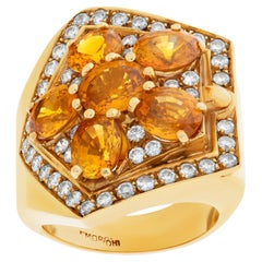 Vintage Oval Brilliant Cut Orange Sapphires & Diamonds Ring Set in 18k Gold