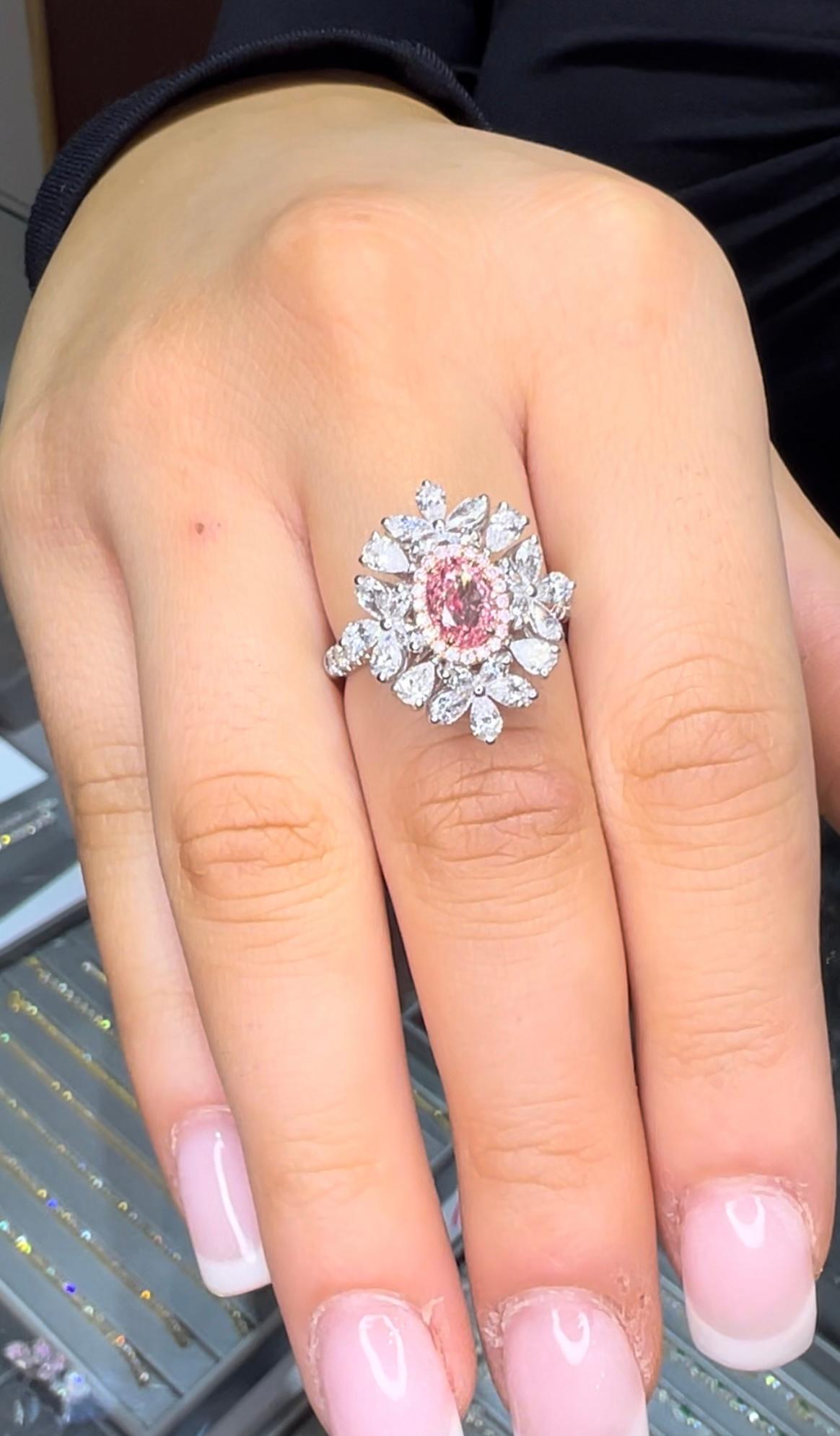 Oval Brilliant Cut Pink Diamond 2.78 Carat Total Pear and Marquise Diamond Ring For Sale 4