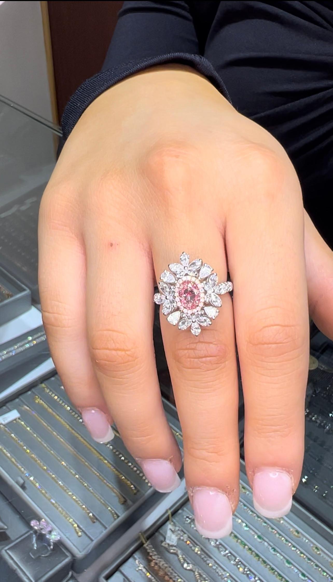 Oval Brilliant Cut Pink Diamond 2.78 Carat Total Pear and Marquise Diamond Ring For Sale 5