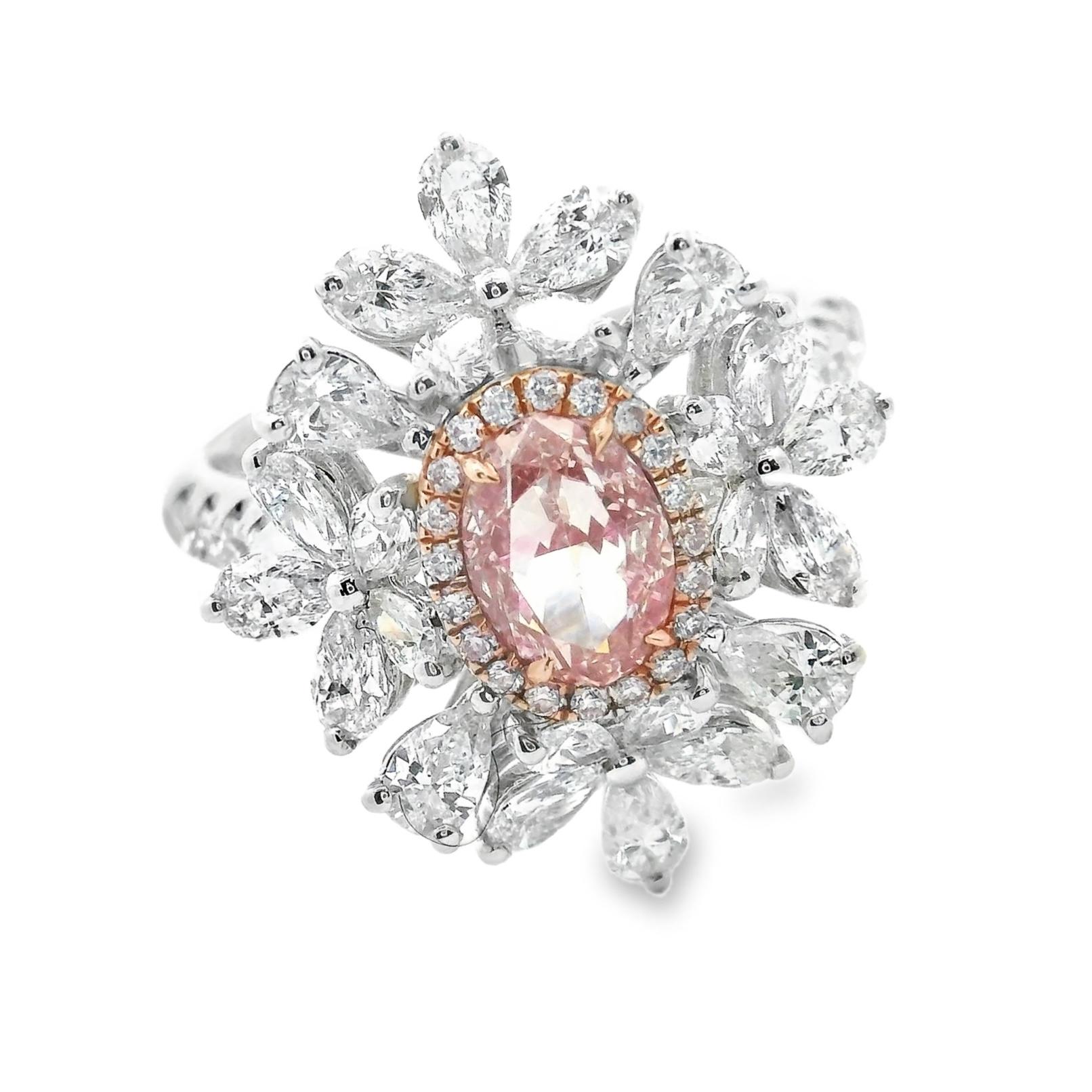 Oval Brilliant Cut Pink Diamond 2.78 Carat Total Pear and Marquise Diamond Ring For Sale 6