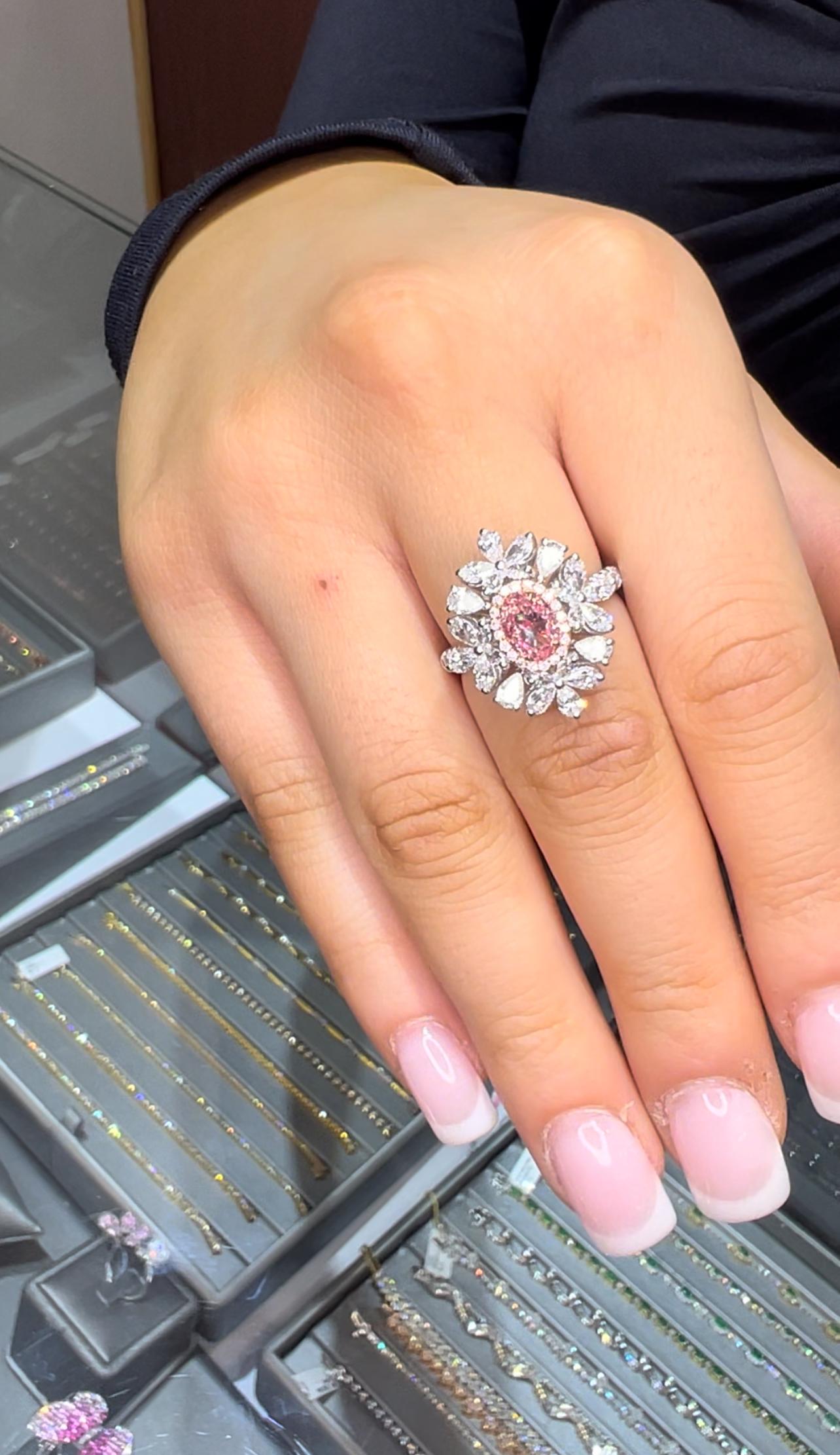 Oval Cut Oval Brilliant Cut Pink Diamond 2.78 Carat Total Pear and Marquise Diamond Ring For Sale