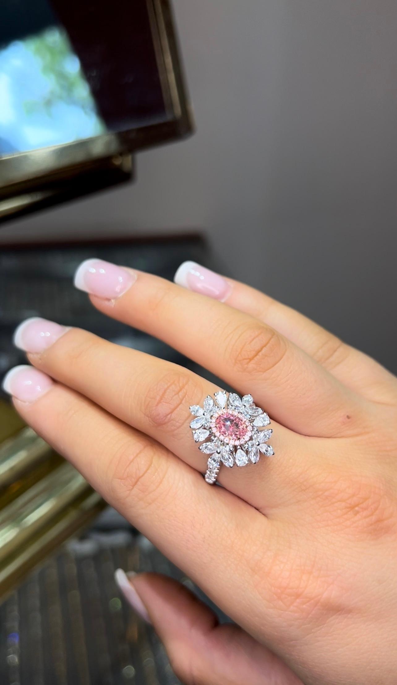 Oval Brilliant Cut Pink Diamond 2.78 Carat Total Pear and Marquise Diamond Ring For Sale 3
