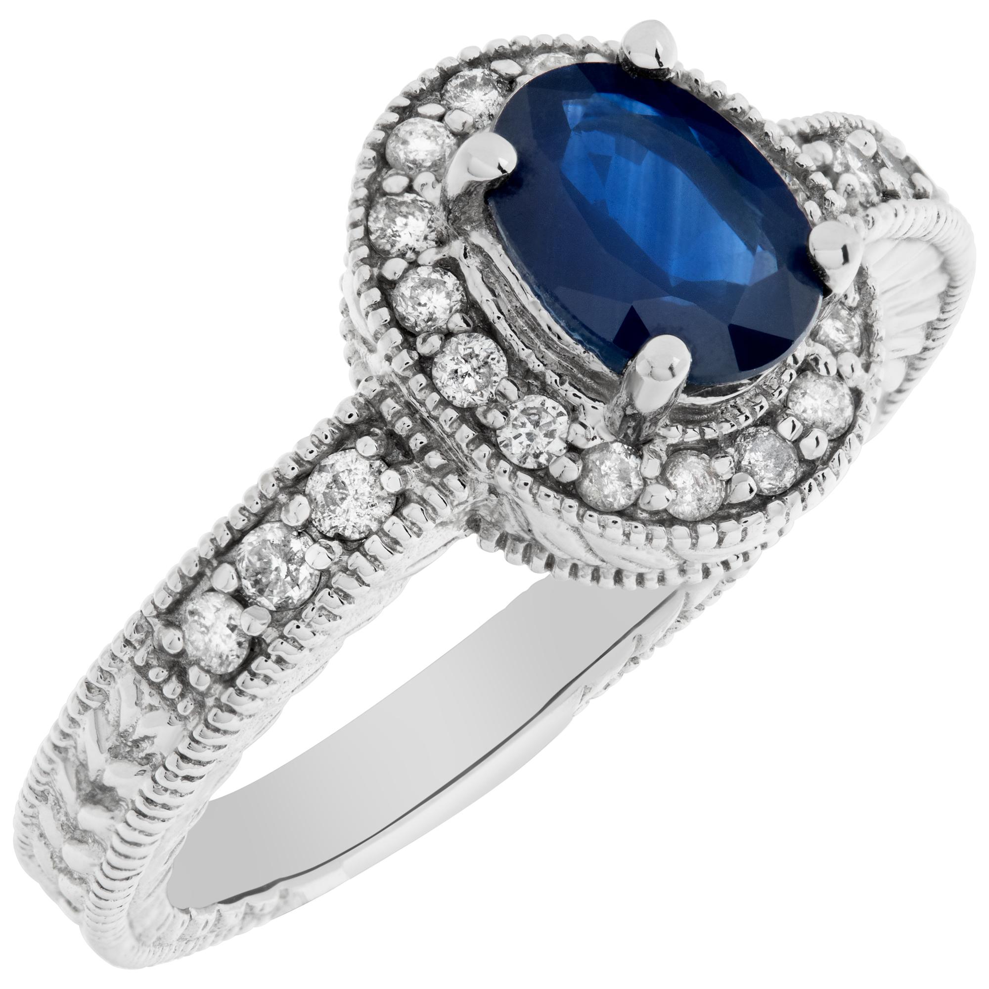 Oval Brilliant Cut Sapphire & Diamonds Ring Set in 14k White Gold In Excellent Condition For Sale In Surfside, FL