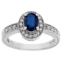 Vintage Oval Brilliant Cut Sapphire & Diamonds Ring Set in 14k White Gold