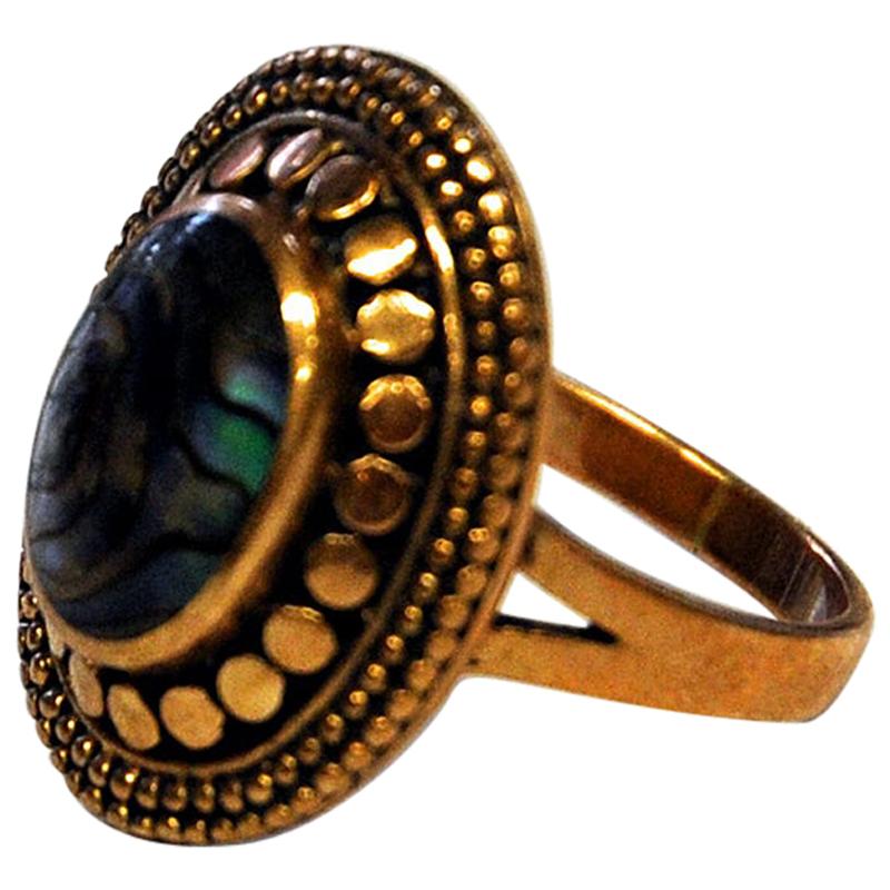 Oval Bronze Ring with Shimmering Stone by Pentti Sarpaneva, Finland, 1960s