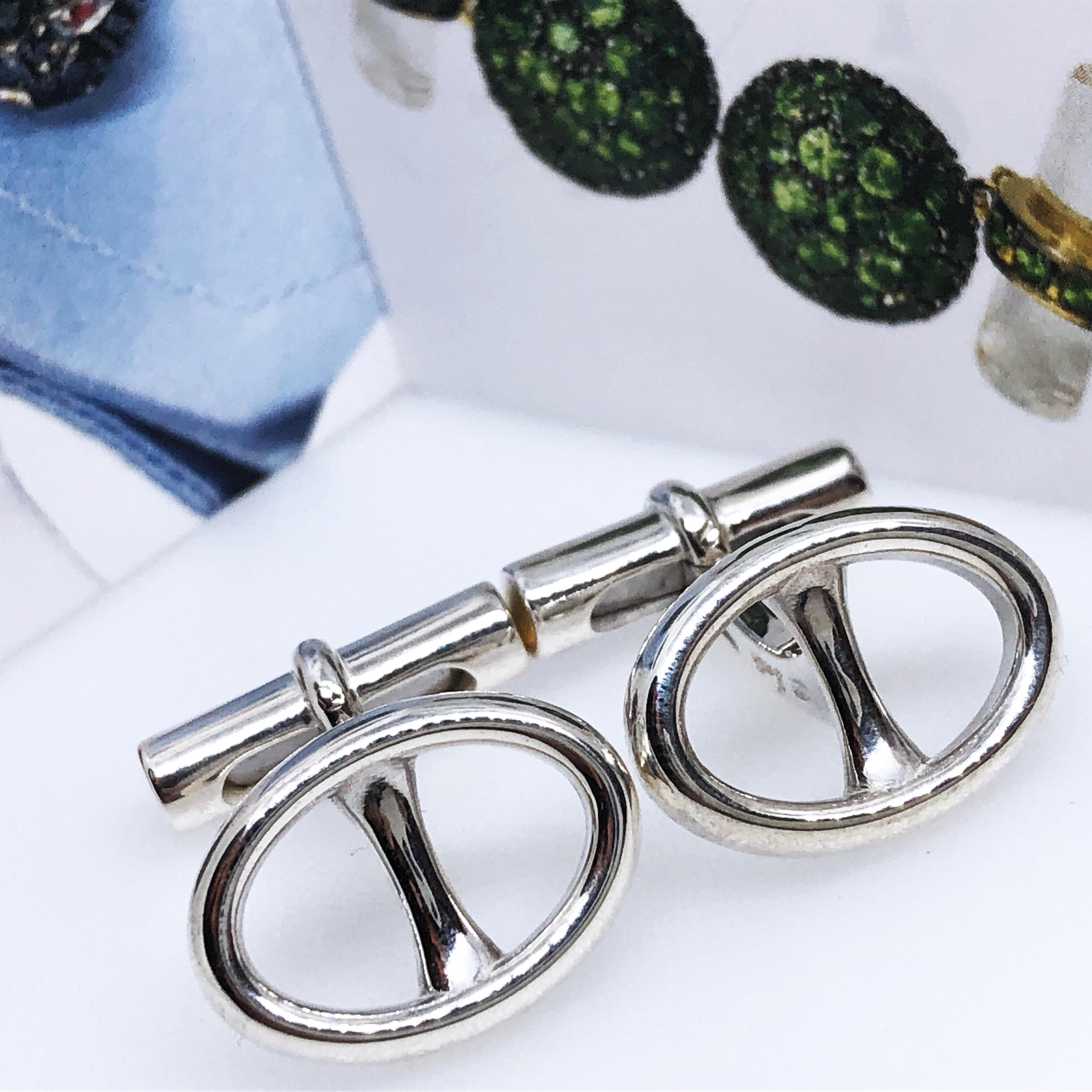 Contemporary Oval Buckle Shaped Solid Sterling Silver Cufflinks