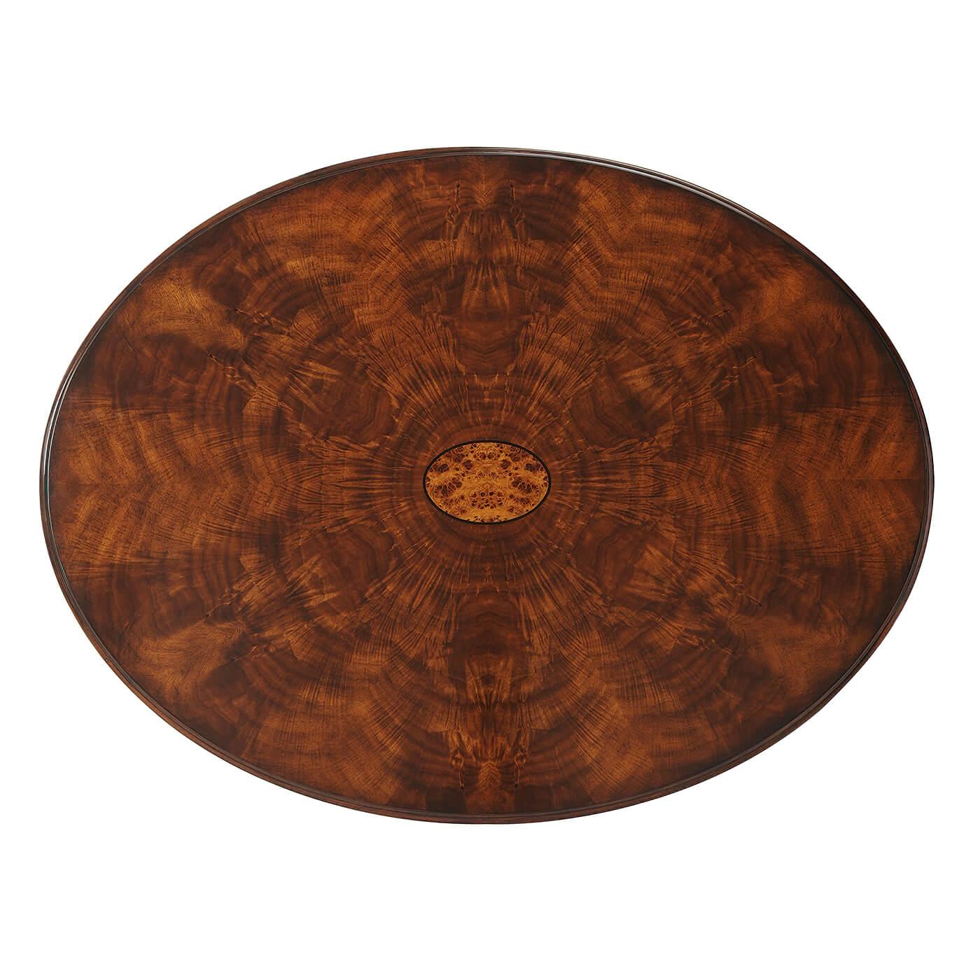 Neoclassical Oval Burl and Mahogany Coffee Table For Sale