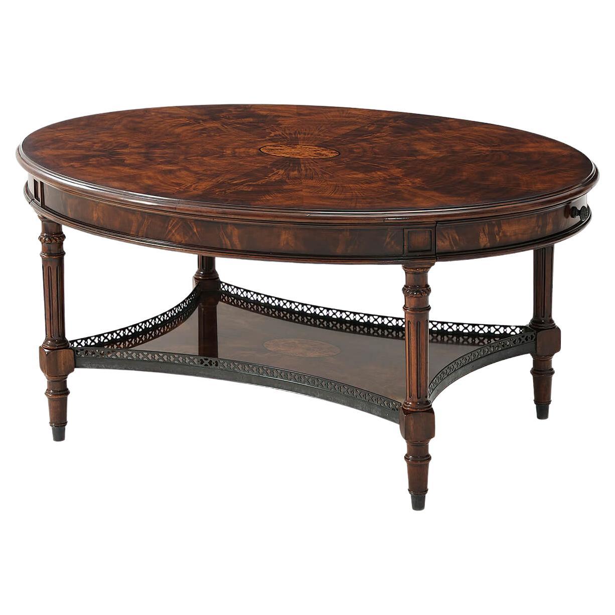 Oval Burl and Mahogany Coffee Table For Sale