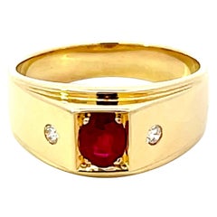 Oval Burma Red Ruby and Diamond Ring 18k Yellow Gold