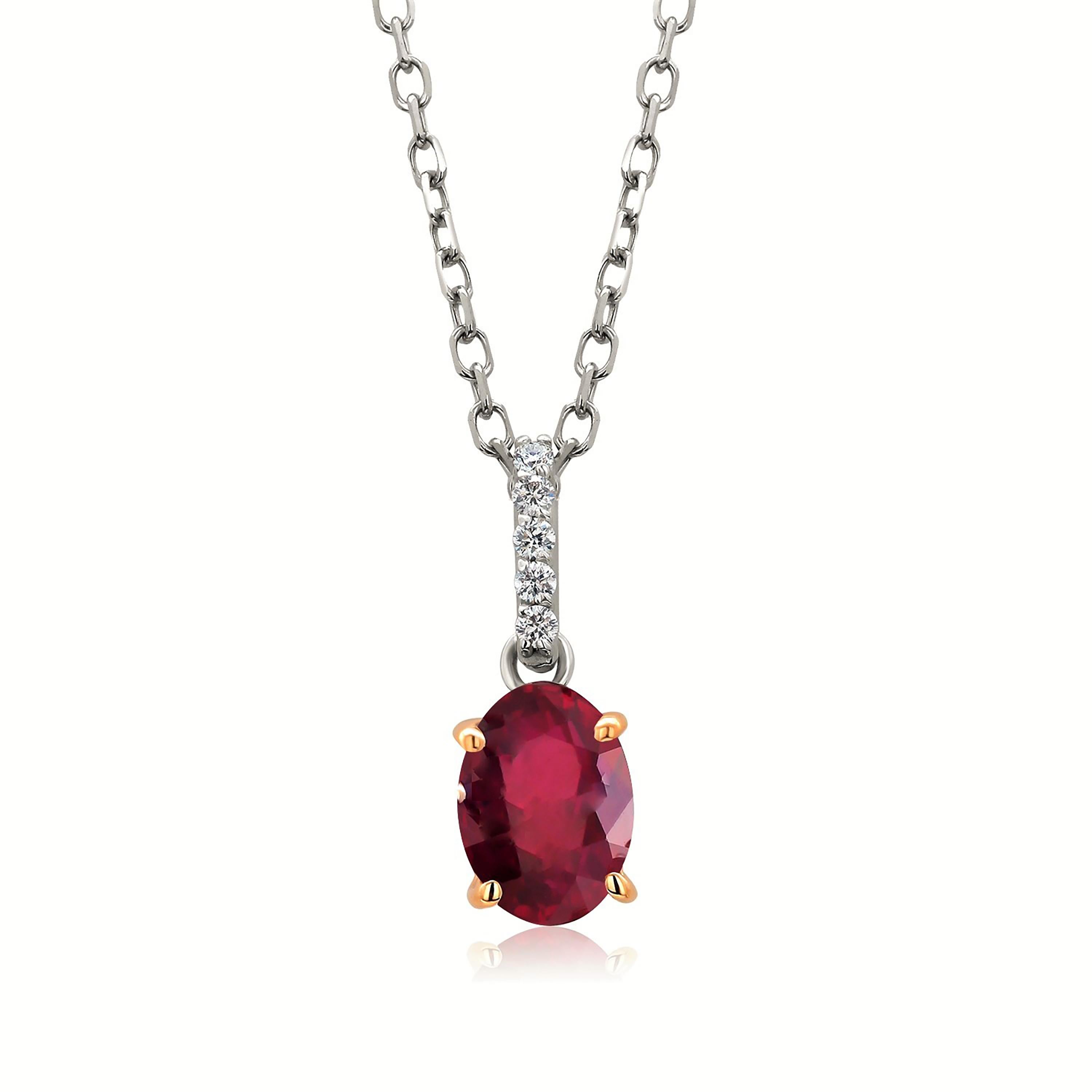 Oval Cut Oval Burma Red Ruby with Diamond Bail White and Yellow Gold Pendant Necklace