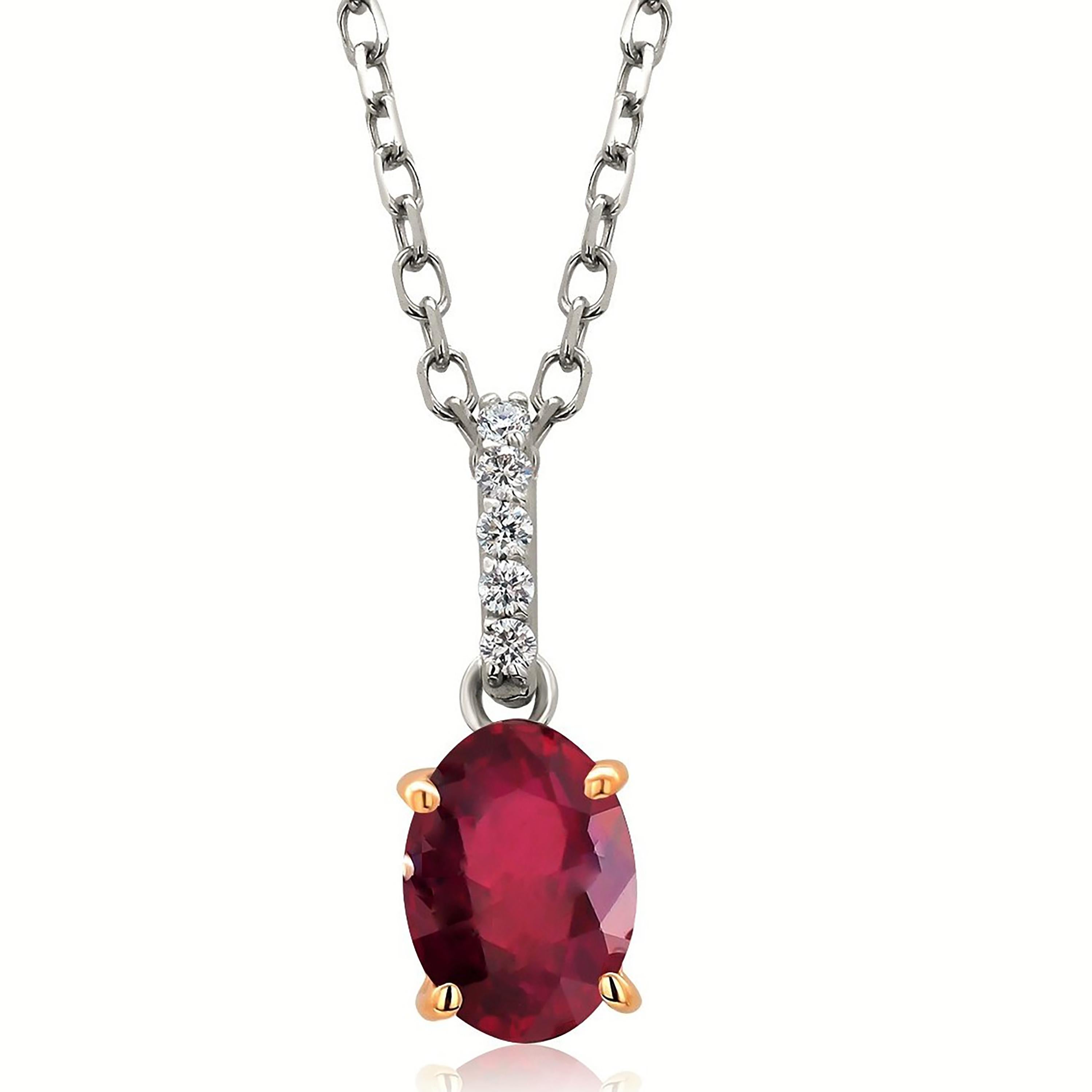Oval Burma Red Ruby with Diamond Bail White and Yellow Gold Pendant Necklace In New Condition In New York, NY