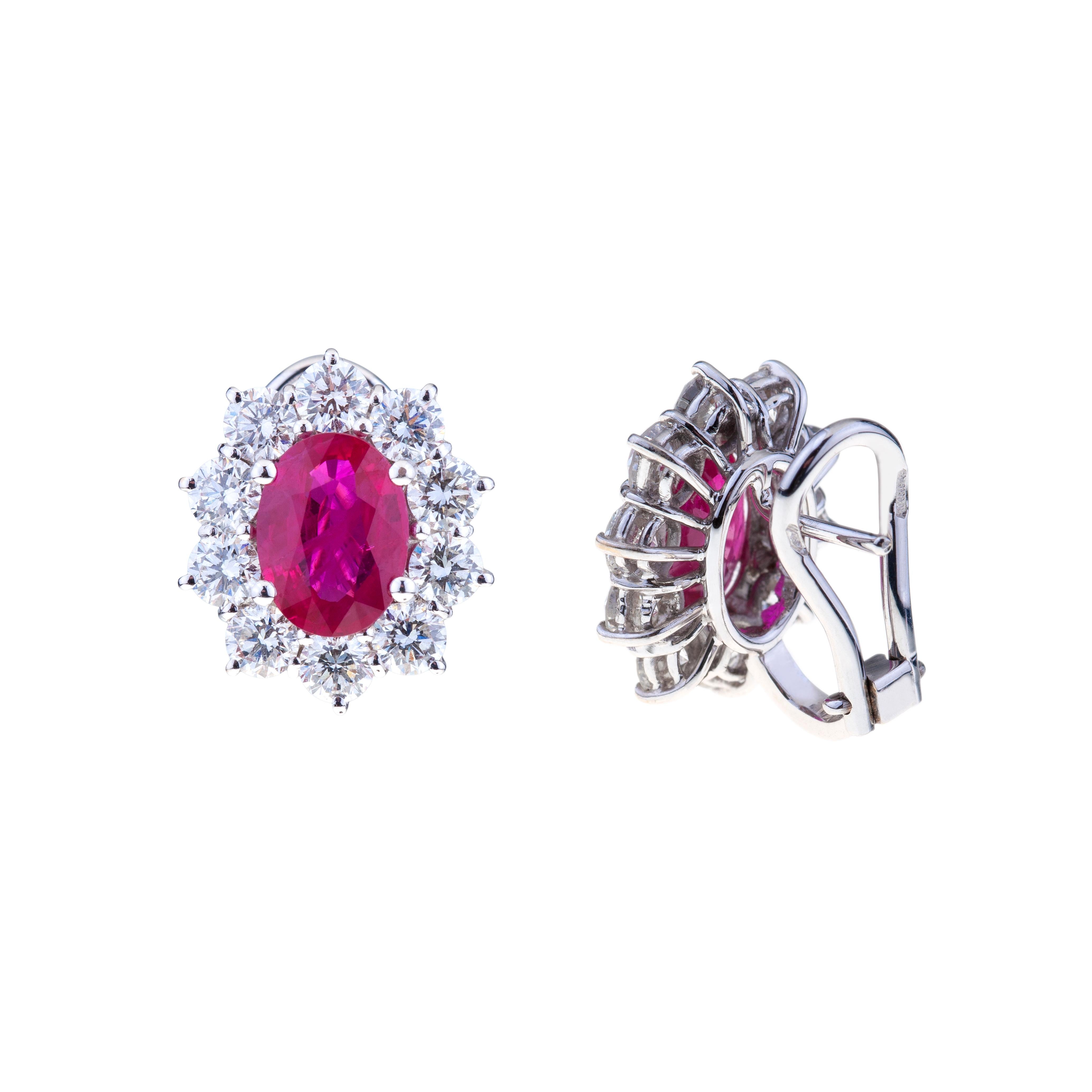 Contemporary Oval Burma Red Ruby with Round Diamonds White Gold Earrings For Sale