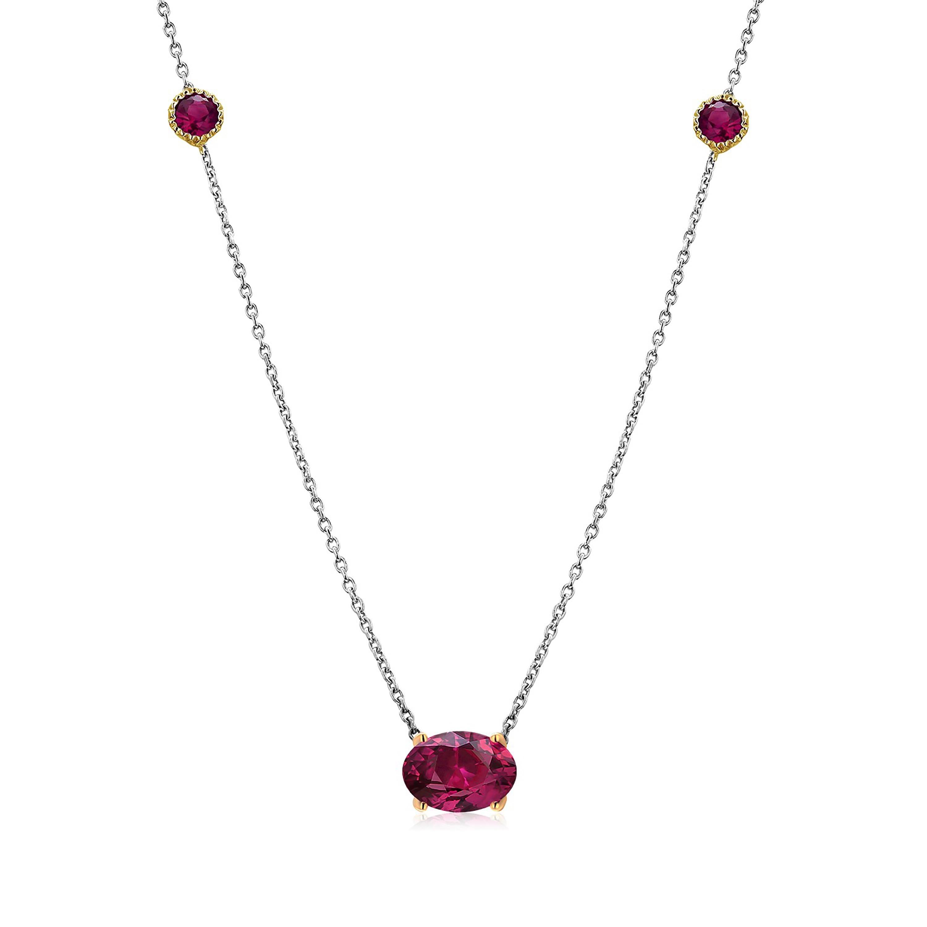 Women's or Men's Oval Burma Red Ruby with Two Bezel Set Rubies Gold Pendant Necklace