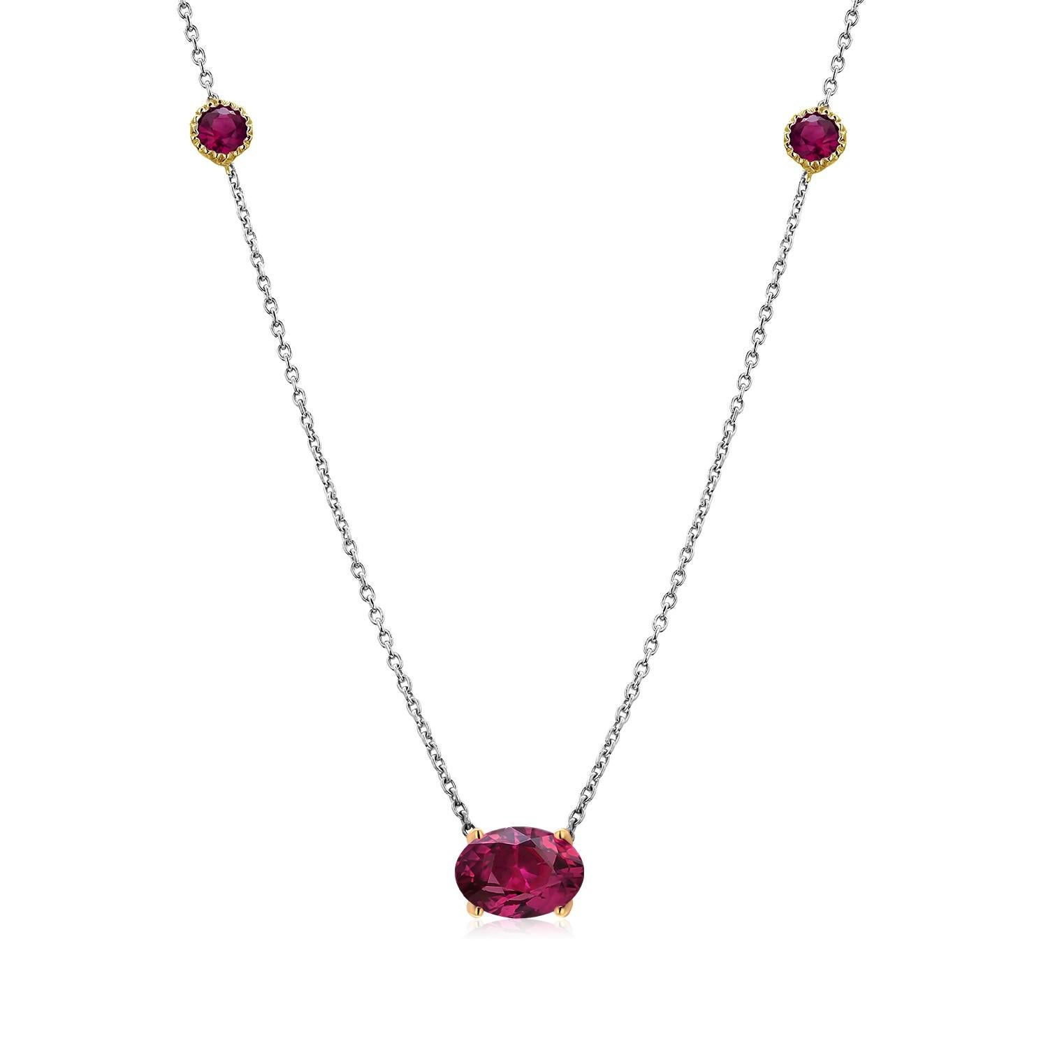 Oval Burma Red Ruby with Two Bezel Set Rubies Gold Pendant Necklace 1
