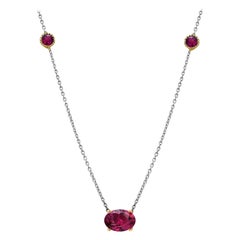 Oval Burma Red Ruby with Two Bezel Set Rubies Gold Pendant Necklace