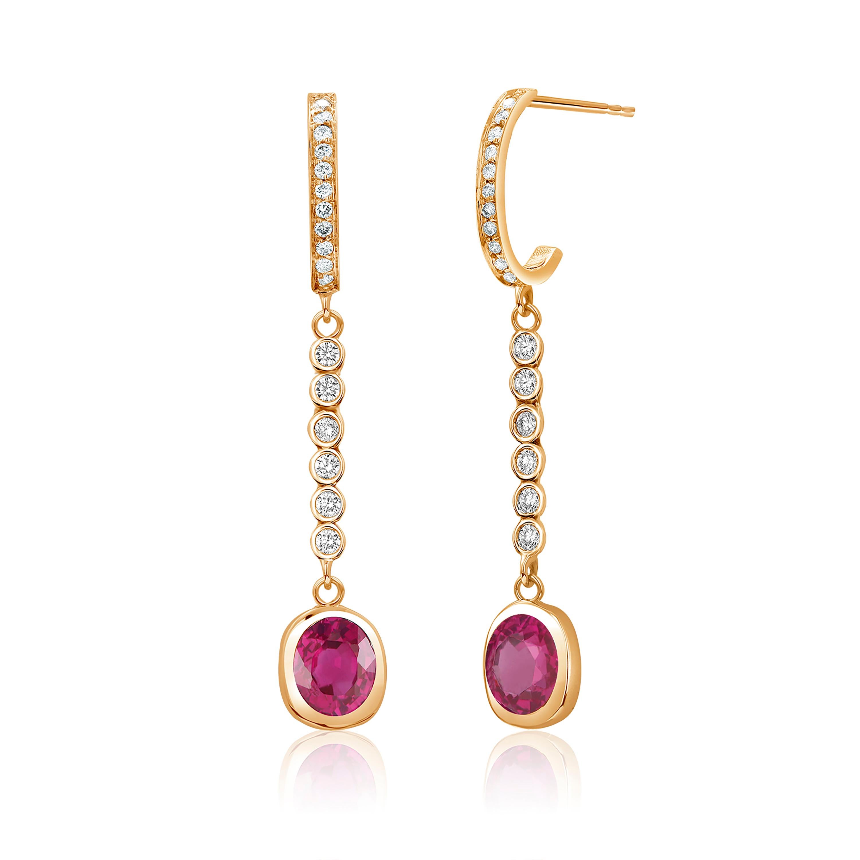 Oval Cut Bezel Set Burma Ruby Diamond 1.75 Carat 1.6 Inch Long Yellow Gold Earrings For Sale