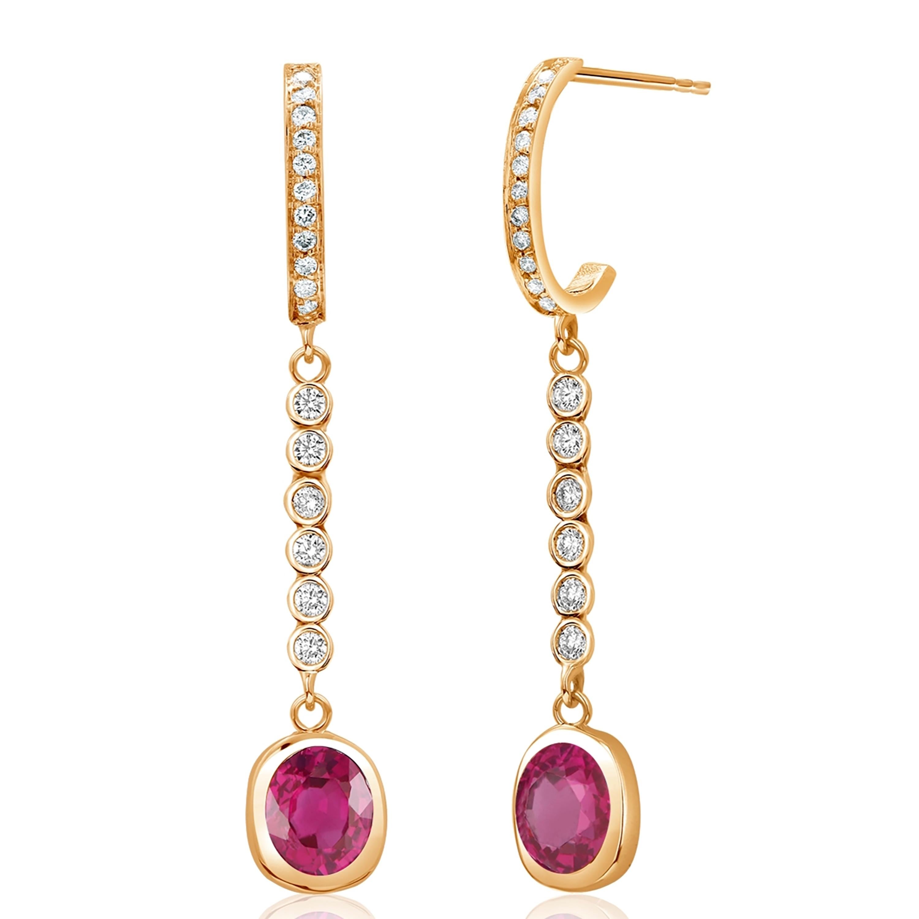 Women's or Men's Bezel Set Burma Ruby Diamond 1.75 Carat 1.6 Inch Long Yellow Gold Earrings For Sale