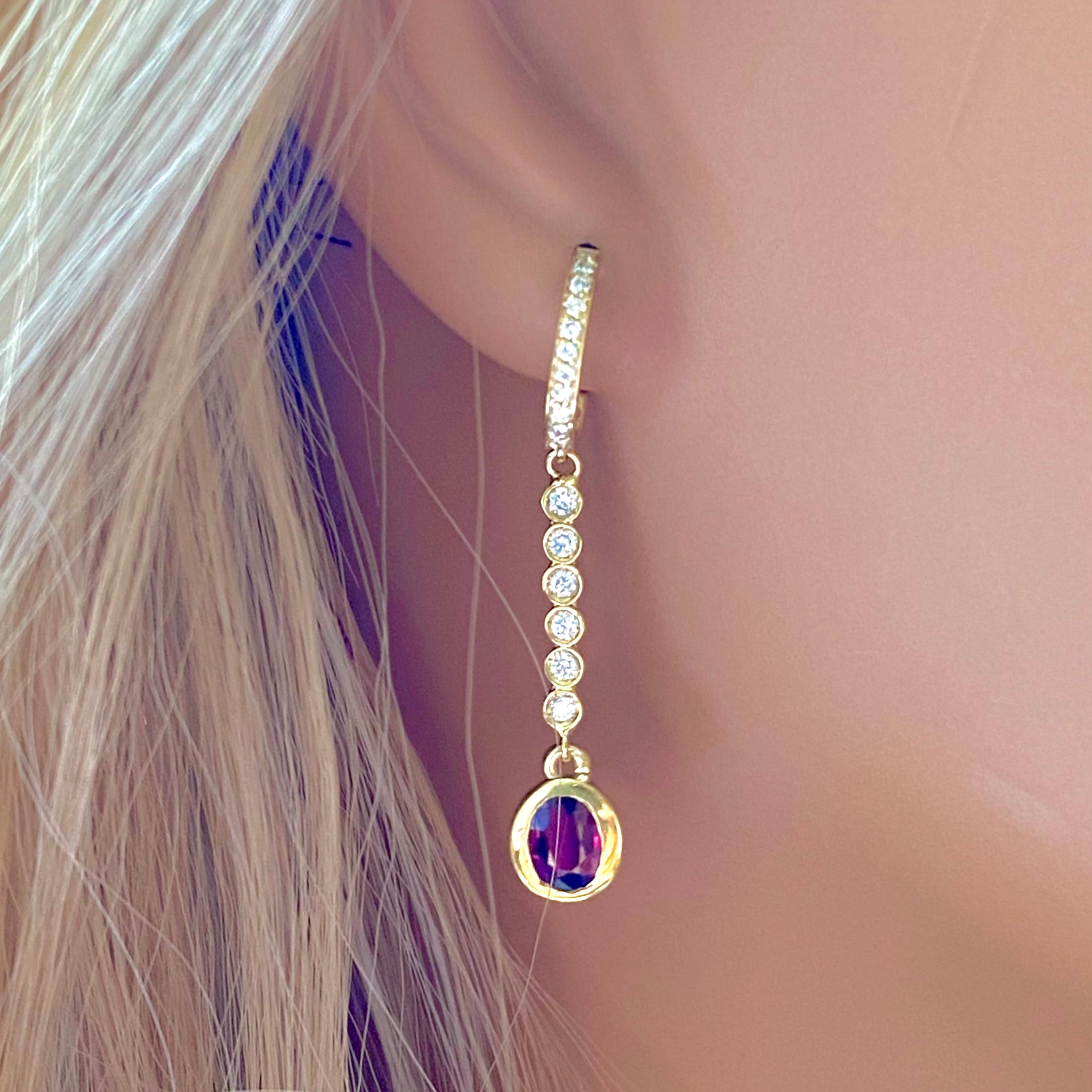 Bezel Set Burma Ruby Diamond 1.75 Carat 1.6 Inch Long Yellow Gold Earrings In New Condition For Sale In New York, NY