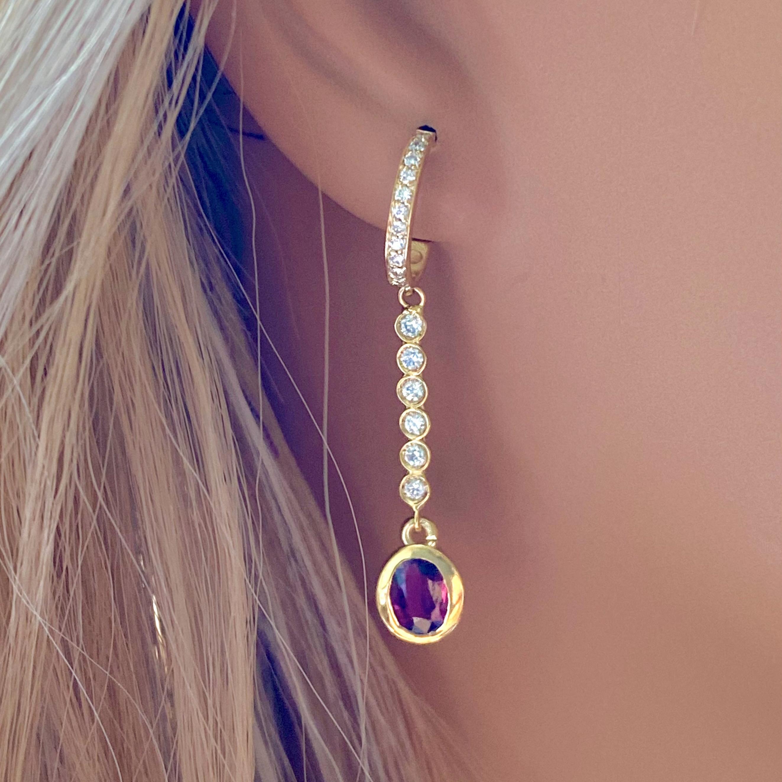 Bezel Set Burma Ruby Diamond 1.75 Carat 1.6 Inch Long Yellow Gold Earrings For Sale 1