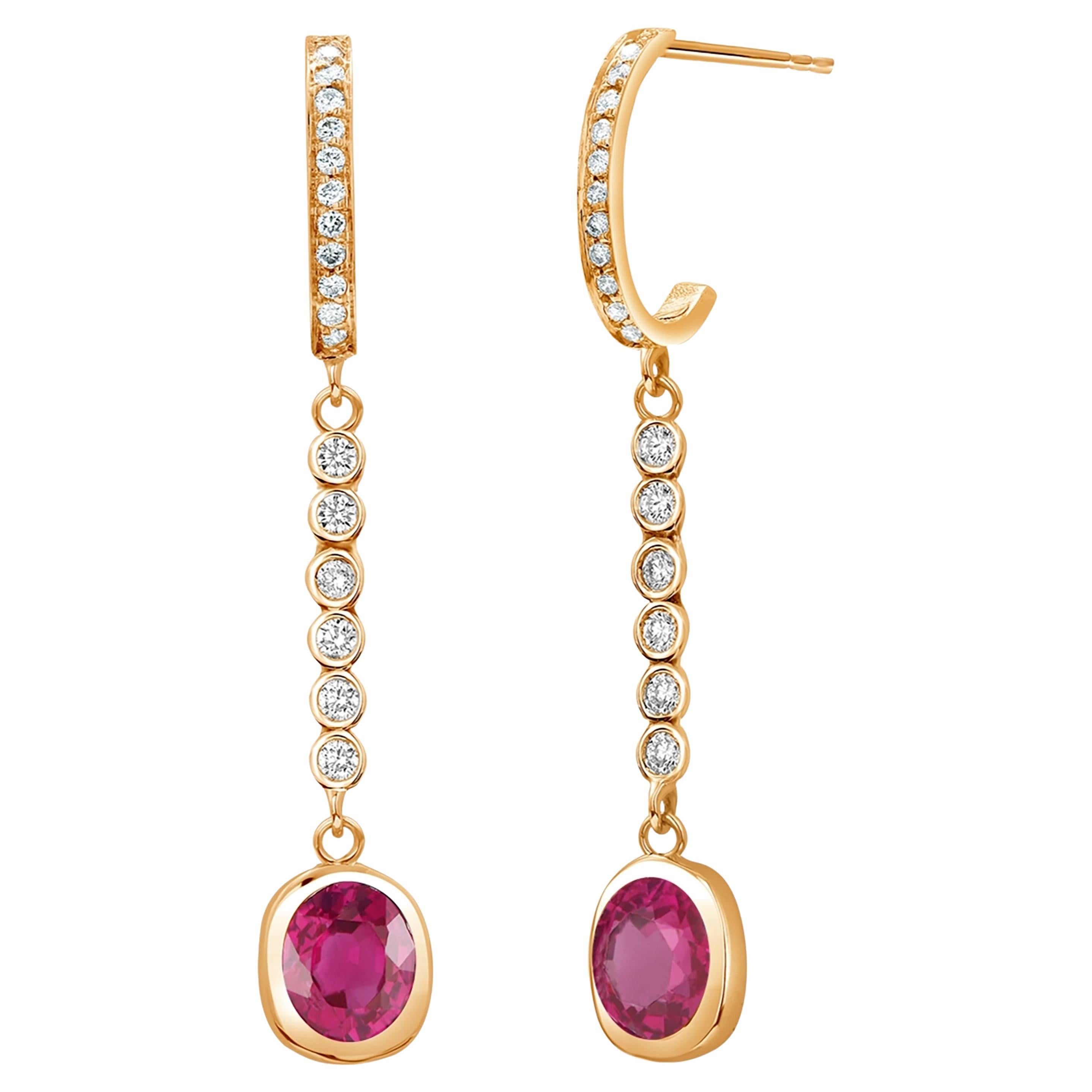 Bezel Set Burma Ruby Diamond 1.75 Carat 1.6 Inch Long Yellow Gold Earrings For Sale