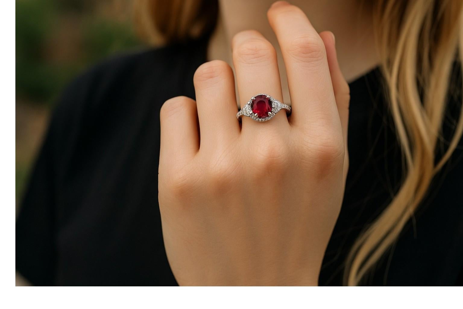 Ti presentiamo il nostro squisito anello ovale con rubino di Birmania e diamanti a mezza luna, un pezzo straordinario realizzato con precisione ed eleganza. Questa creazione senza tempo è incastonata in un lussuoso oro bianco da 18 carati, che