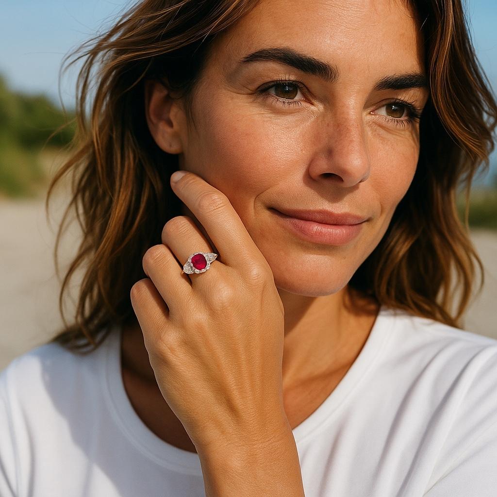 Anillo de oro blanco de dieciocho quilates con media luna de diamantes y rubí de Birmania ovalado de 2,20 quilates Contemporáneo en venta