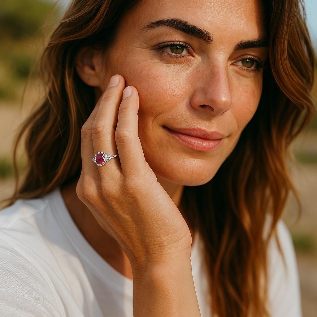 Anillo de oro blanco de dieciocho quilates con media luna de diamantes y rubí de Birmania ovalado de 2,20 quilates en Nuevo estado para la venta en New York, NY