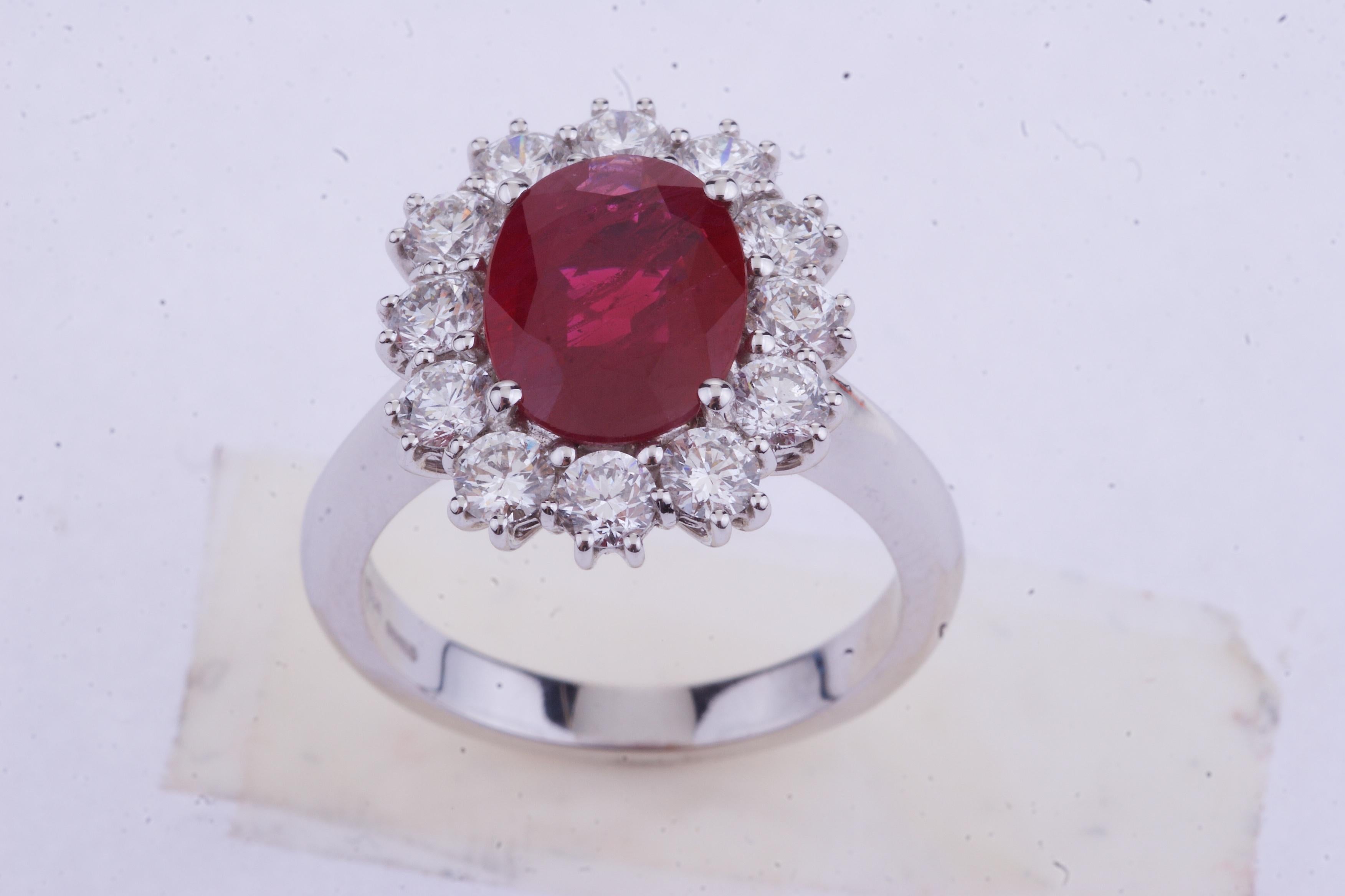 Women's Oval Burma Ruby with Round Diamonds White Gold Ring with Certificate For Sale
