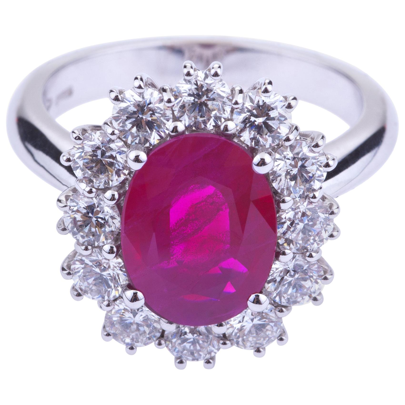 Oval Burma Ruby with Round Diamonds White Gold Ring with Certificate For Sale