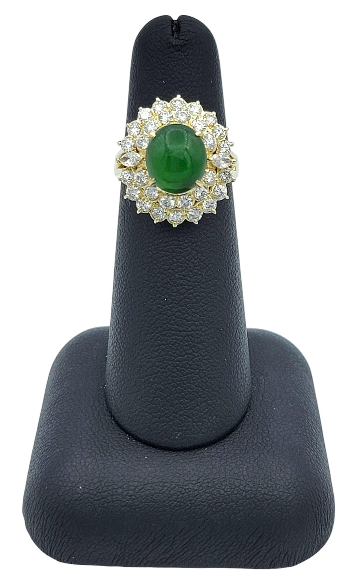 Oval Burmese Jade and Double Diamond Halo Cocktail Ring in 14 Karat Yellow Gold For Sale 4