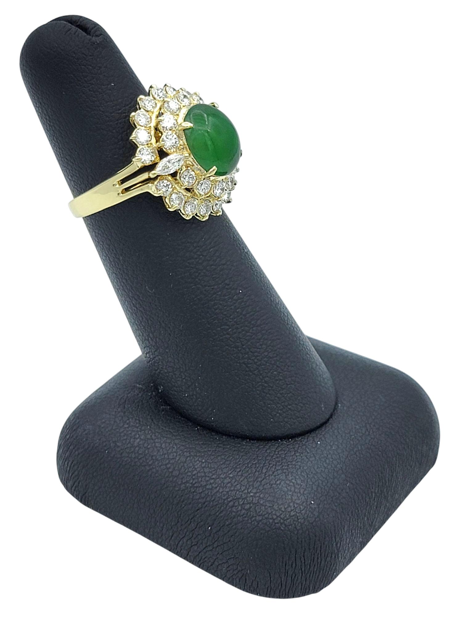 Oval Burmese Jade and Double Diamond Halo Cocktail Ring in 14 Karat Yellow Gold For Sale 5