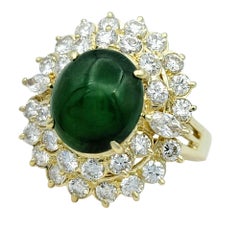 Oval Burmese Jade and Double Diamond Halo Cocktail Ring in 14 Karat Yellow Gold