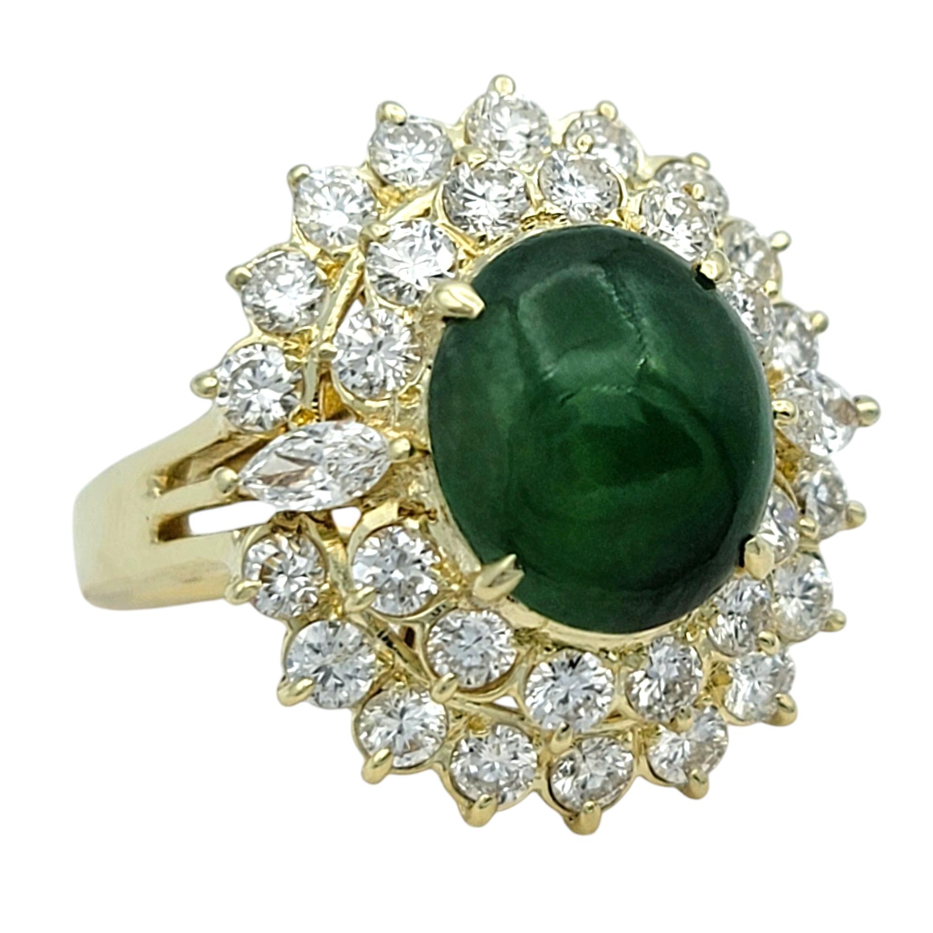 Contemporary Oval Burmese Jade and Double Diamond Halo Cocktail Ring in 14 Karat Yellow Gold For Sale