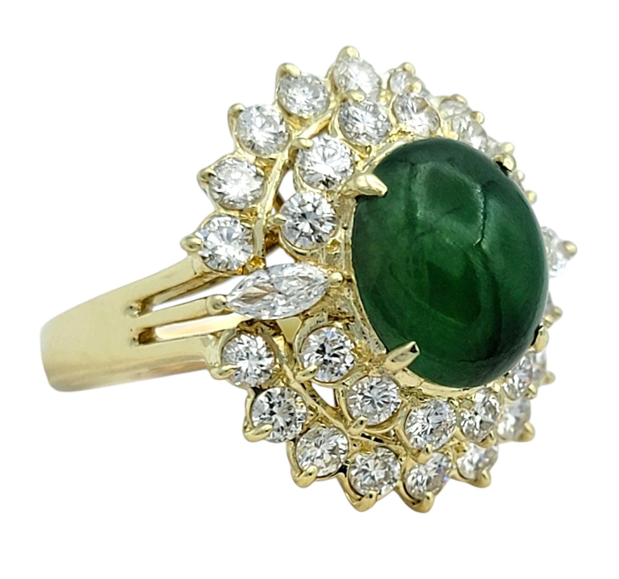 Oval Cut Oval Burmese Jade and Double Diamond Halo Cocktail Ring in 14 Karat Yellow Gold For Sale
