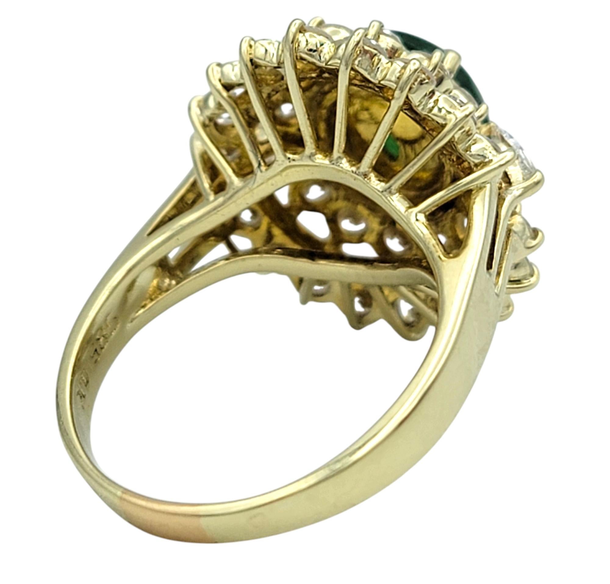 Women's Oval Burmese Jade and Double Diamond Halo Cocktail Ring in 14 Karat Yellow Gold For Sale