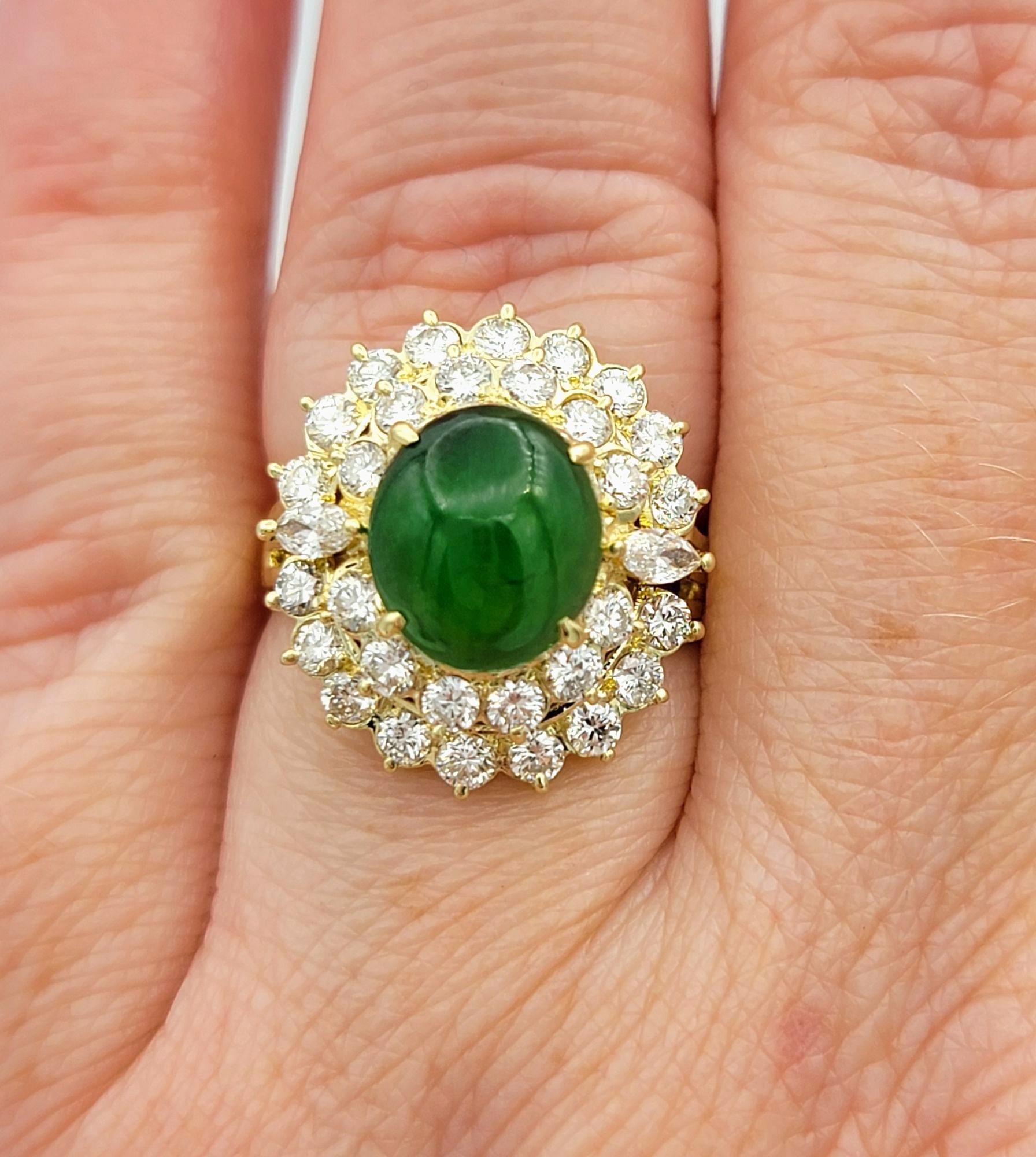 Oval Burmese Jade and Double Diamond Halo Cocktail Ring in 14 Karat Yellow Gold For Sale 2