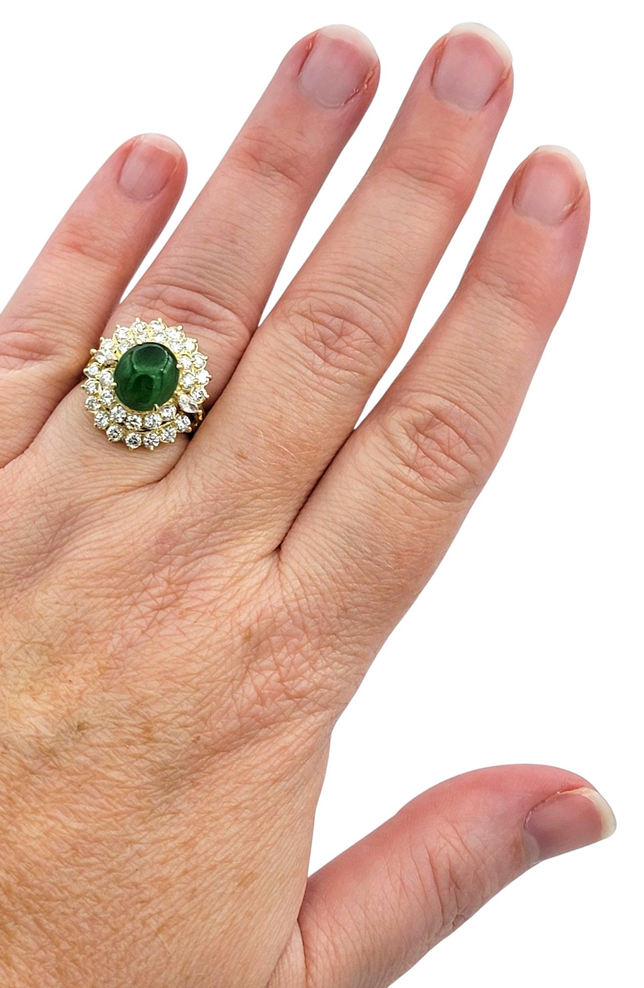 Oval Burmese Jade and Double Diamond Halo Cocktail Ring in 14 Karat Yellow Gold For Sale 3