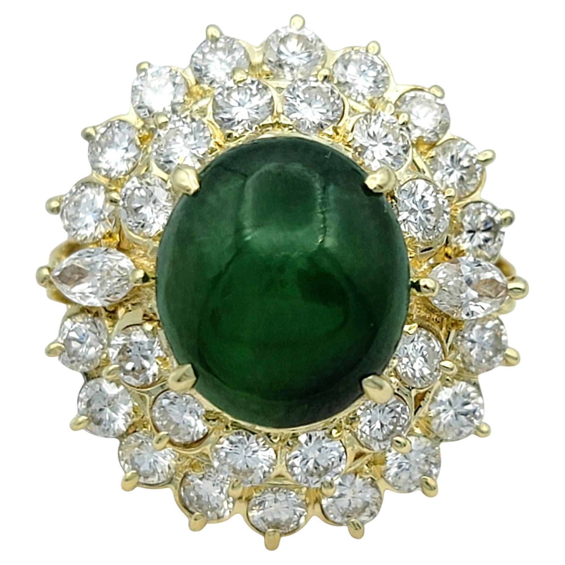 Oval Burmese Jade and Double Diamond Halo Cocktail Ring in 14 Karat Yellow Gold For Sale