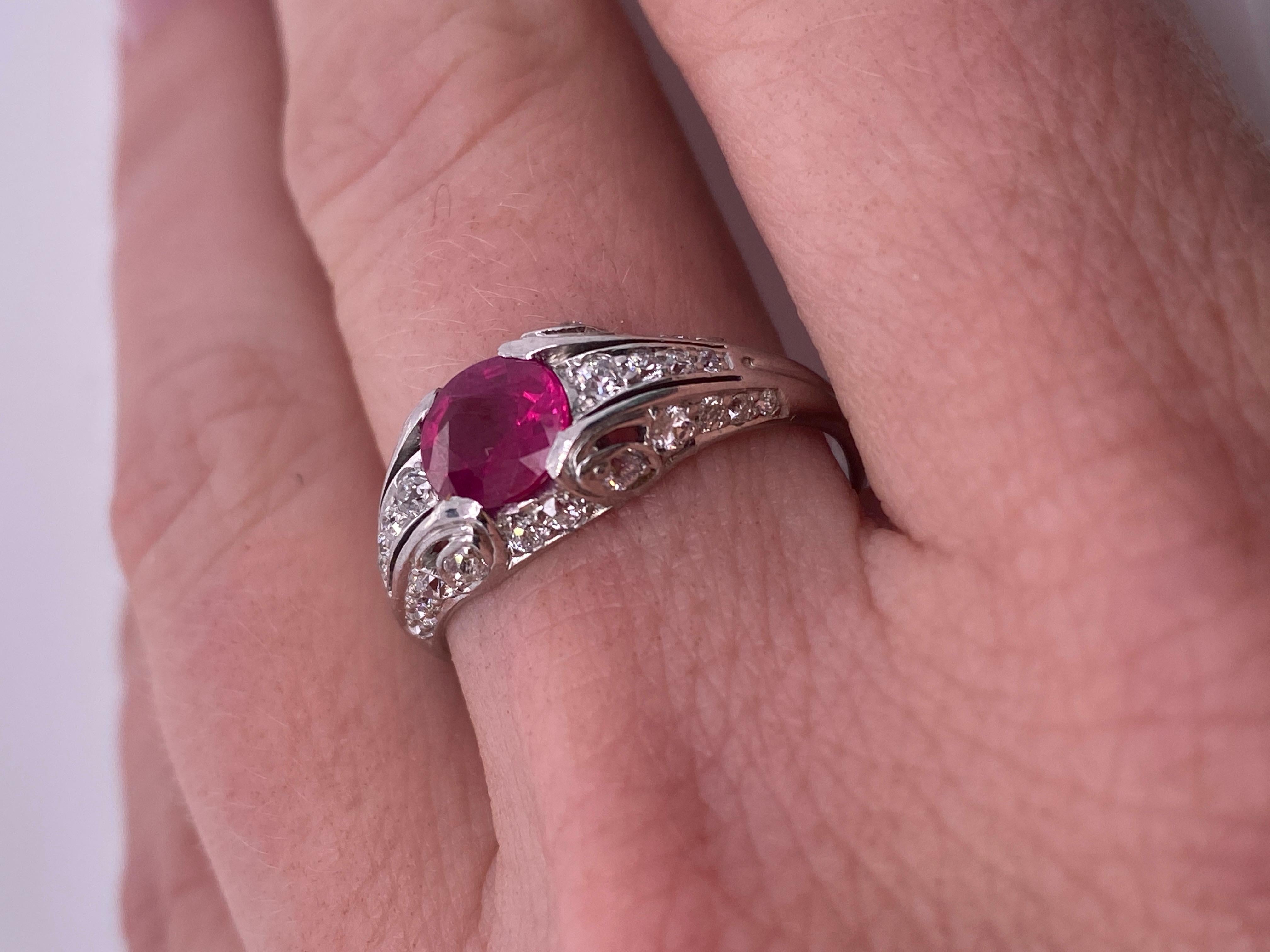 Oval Cut Oval Burmese Ruby and Diamond White Gold Bridal Engagement Ring