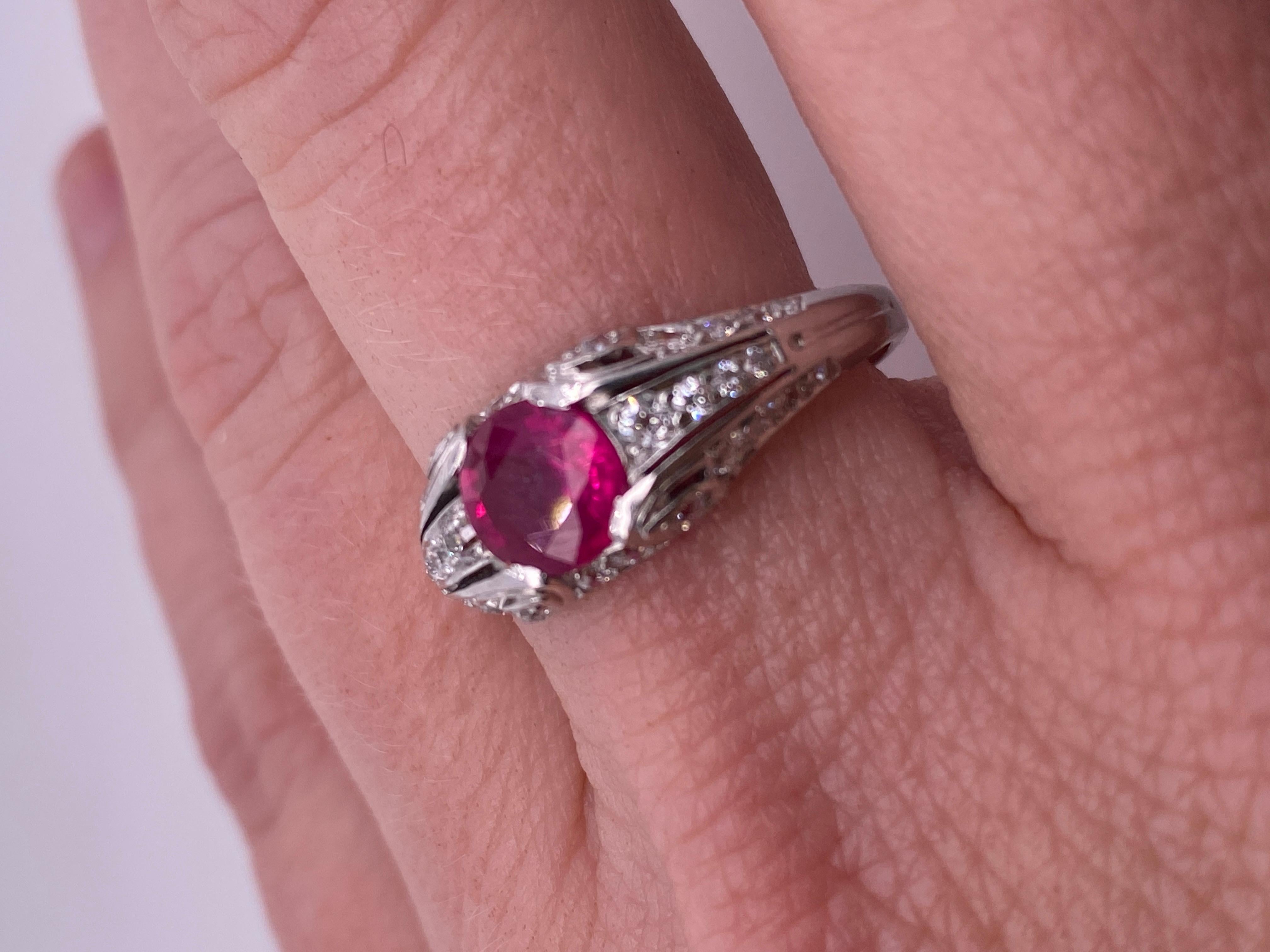 Oval Burmese Ruby and Diamond White Gold Bridal Engagement Ring In New Condition In Bozeman, MT