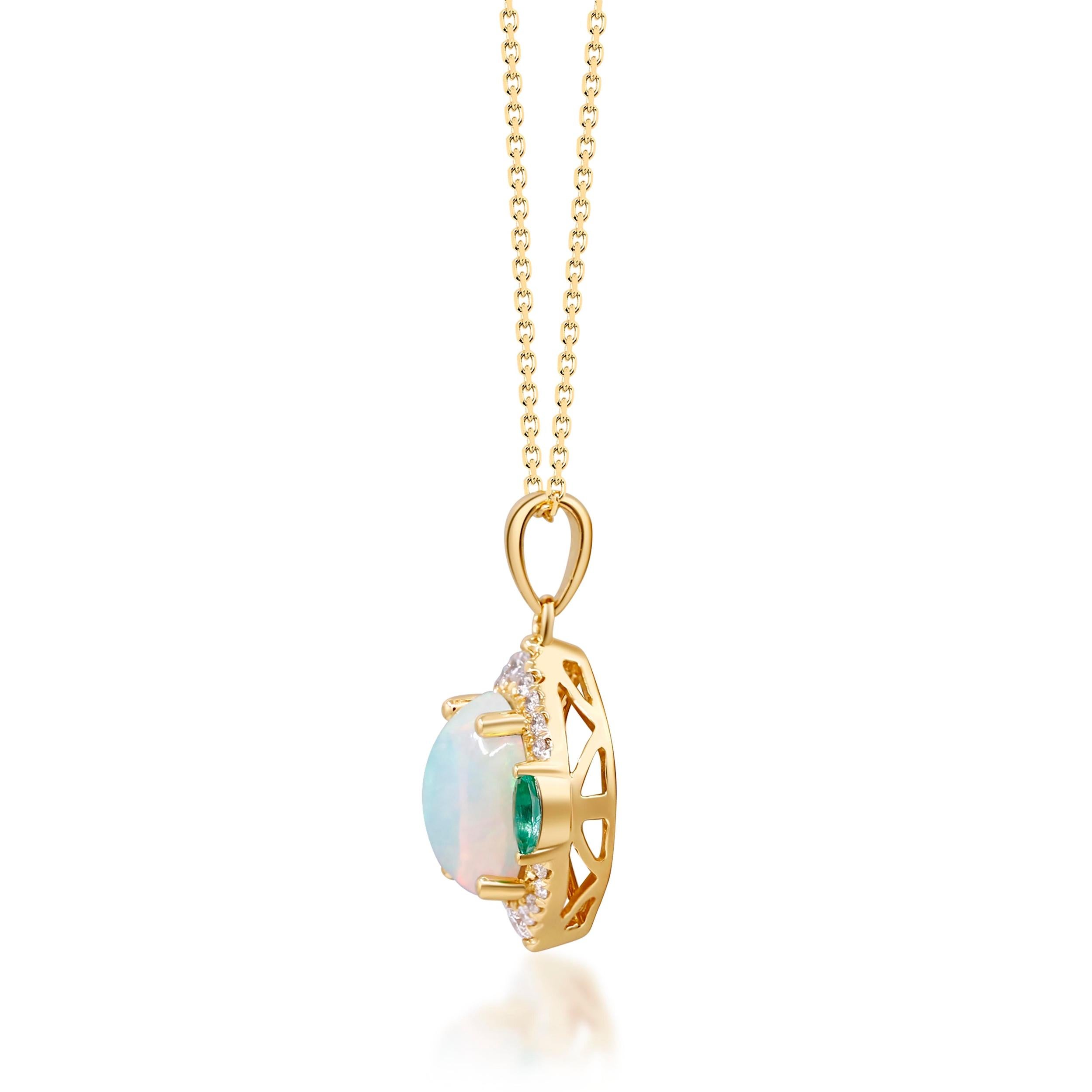 Decorate yourself in elegance with this Pendant is crafted from 10-karat Yellow Gold by Gin & Grace. This Pendant is made up of 8x10 Oval-Cab Ethiopian Opal (1 pcs) 1.87 carat, 2x4 mm Marquise-cut Emerald (2 pcs) 0.13 carat and Round-cut White