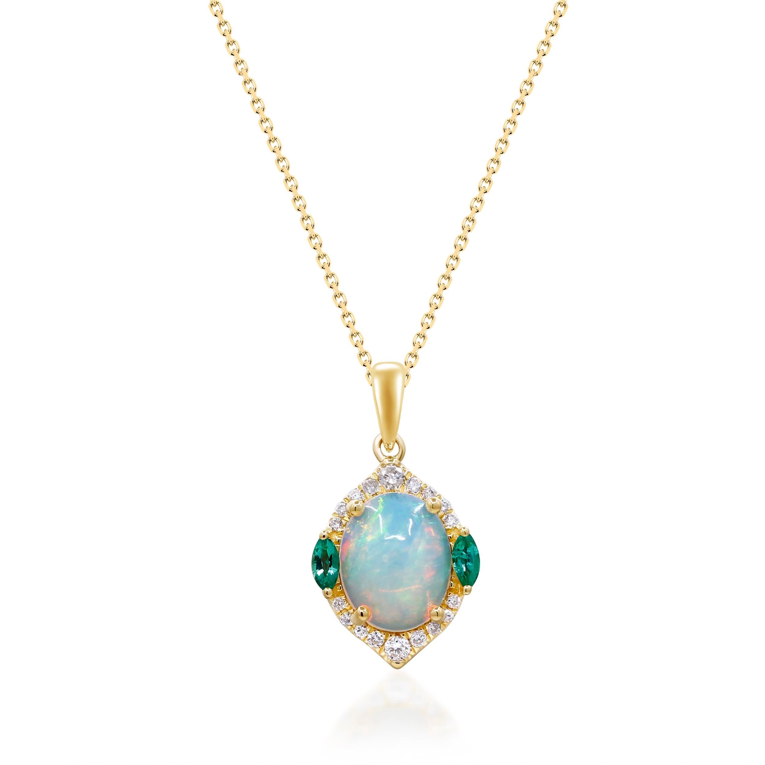 Art Deco Oval Cab Ethiopian Opal, Emerald with Diamond Accents 14K Yellow Gold Pendant For Sale