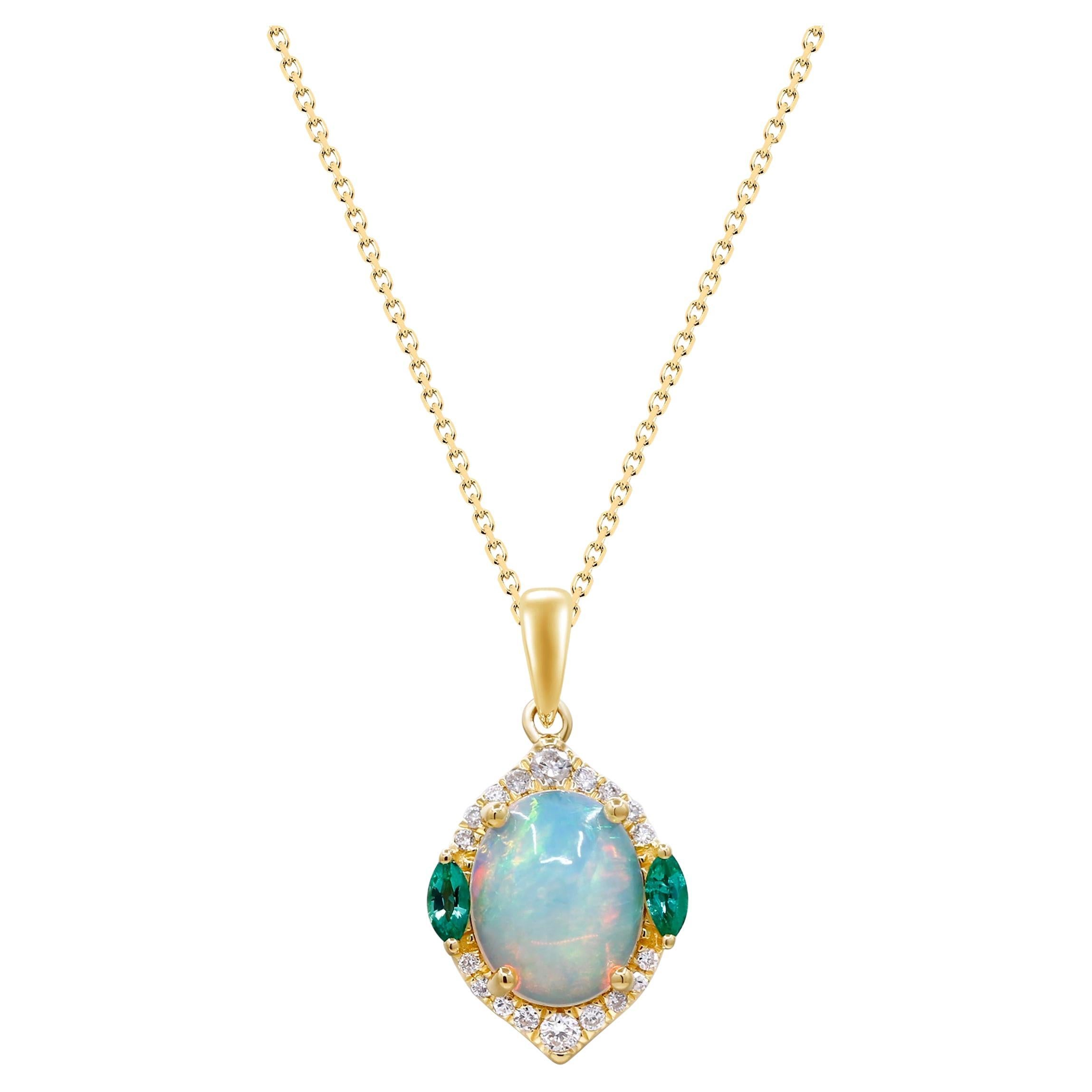 Oval Cab Ethiopian Opal, Emerald with Diamond Accents 14K Yellow Gold Pendant For Sale